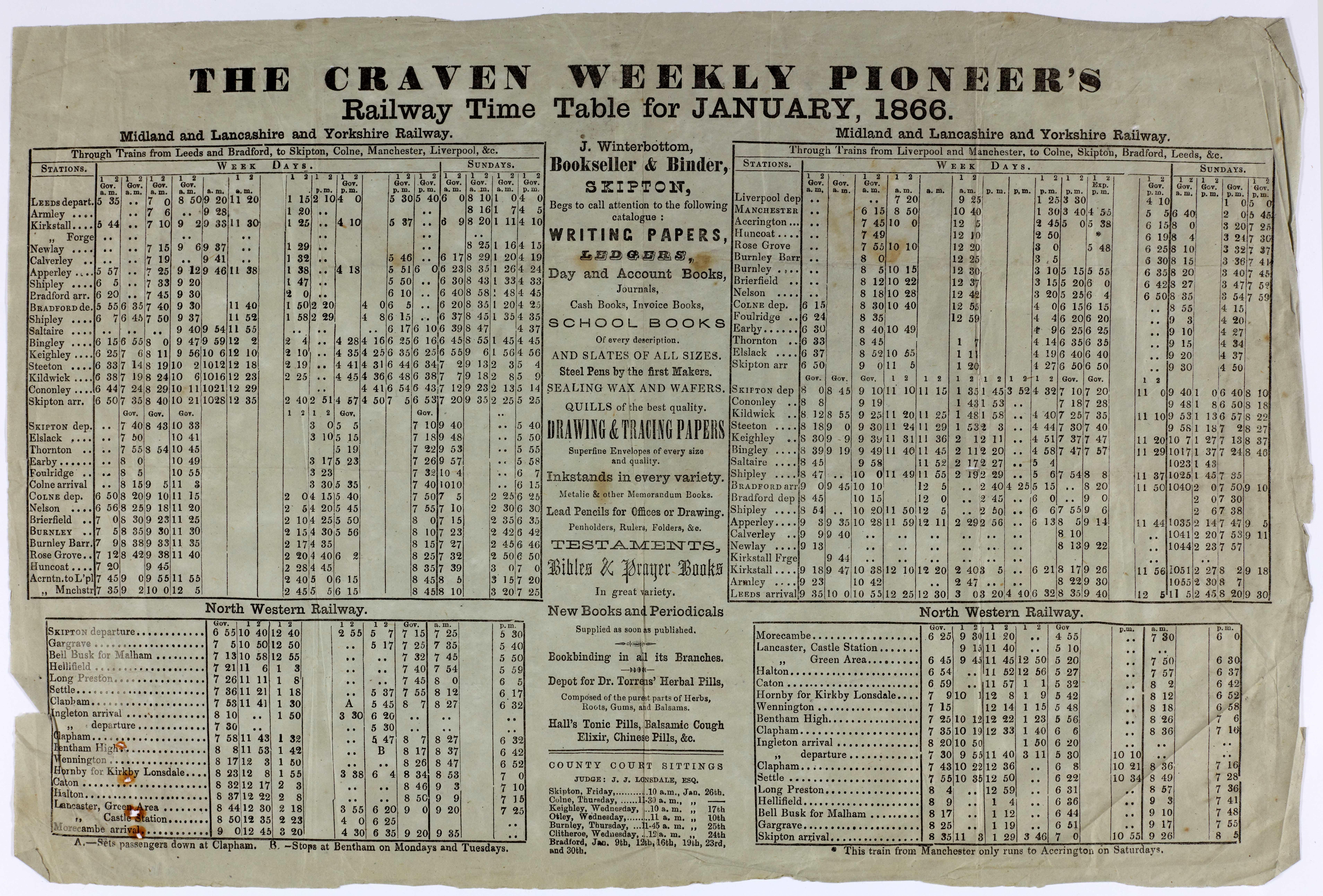 •	Railway timetable for January 1866 from the Craven Weekly Pioneer.