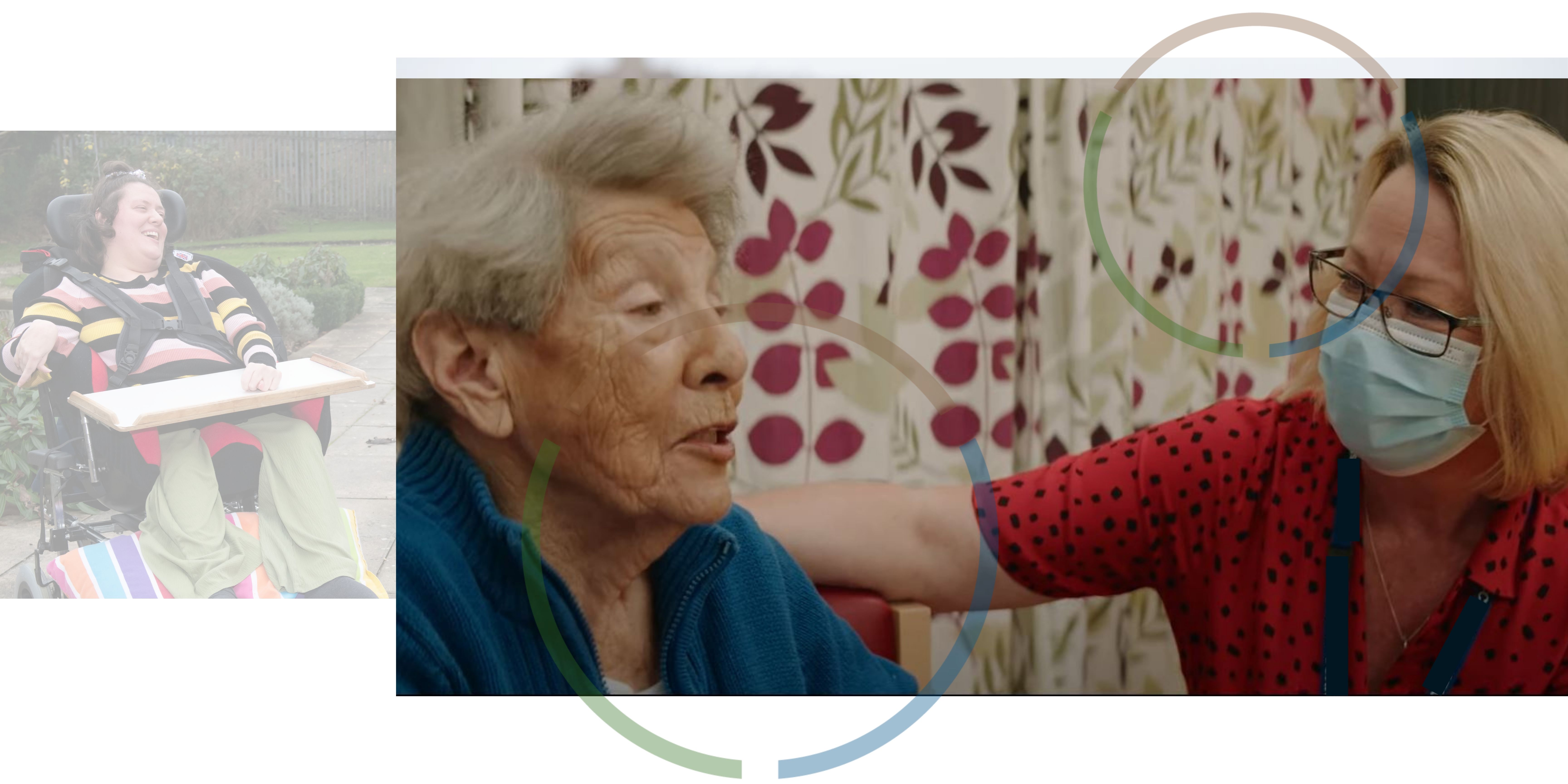 A photograph of a woman in a wheelchair laughing next to a photograph of a carer wearing a face mask and talking to a woman.