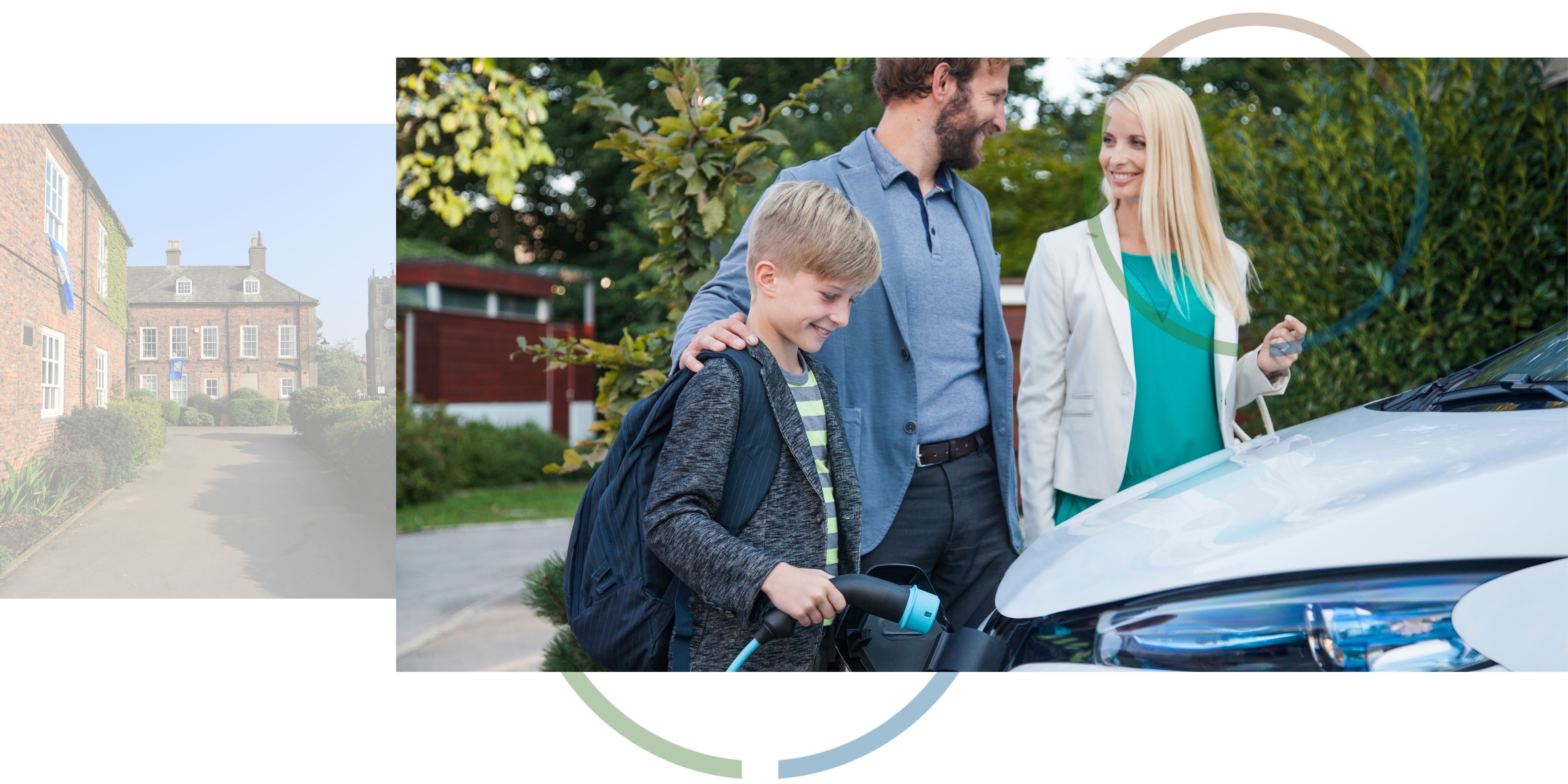 A photograph of a residential street next to a photograph of smiling parents and their son standing next to a car.