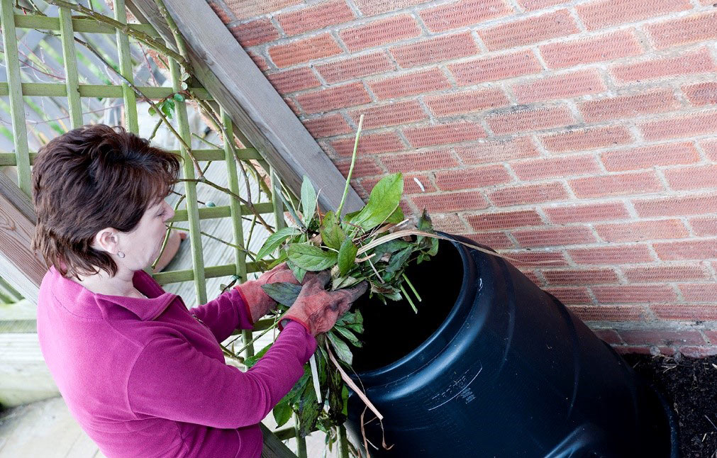 A lady putting recycling in a compost bin