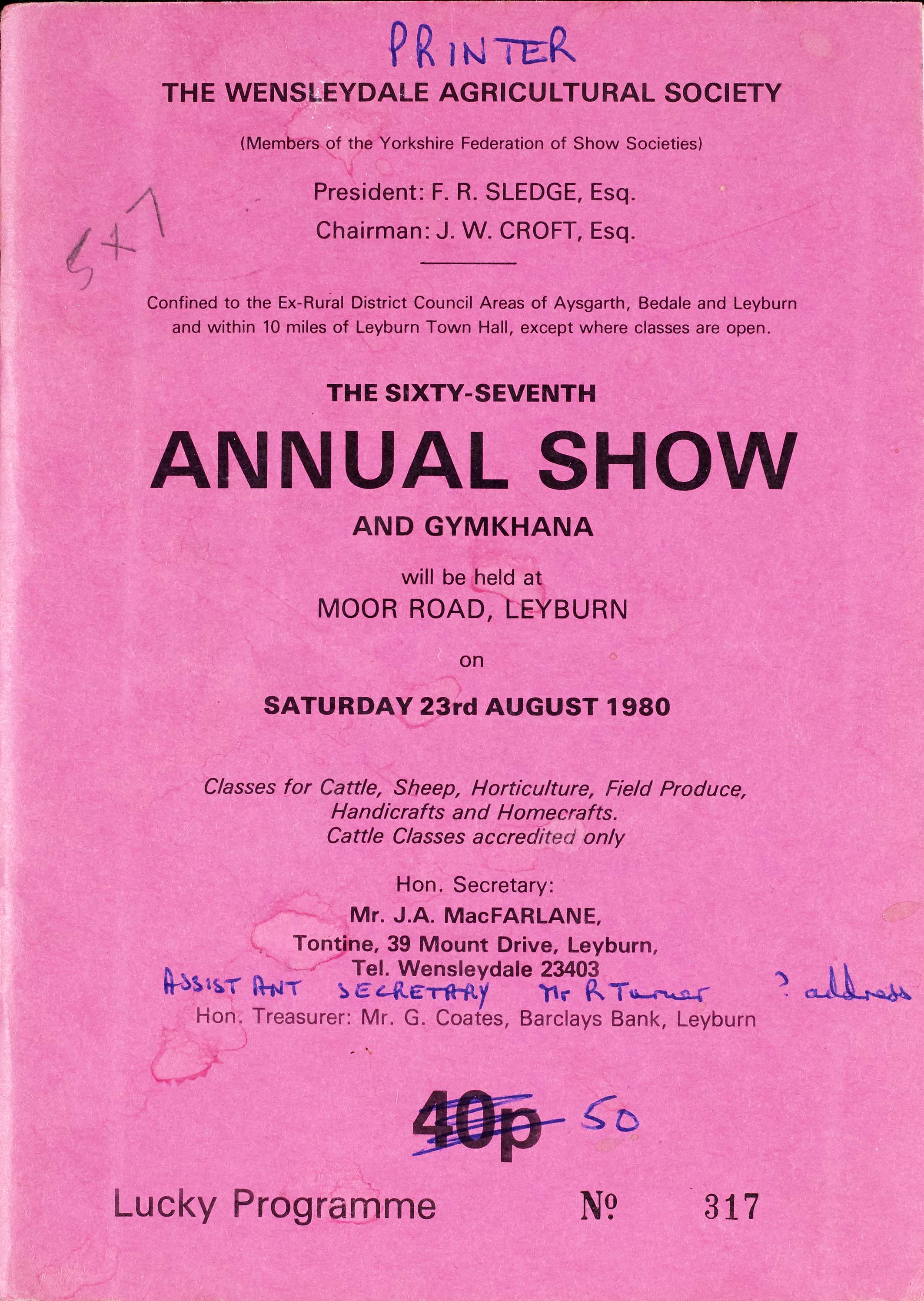 The programme cover for the 1980 Wensleydale Show, held at Leyburn each August.