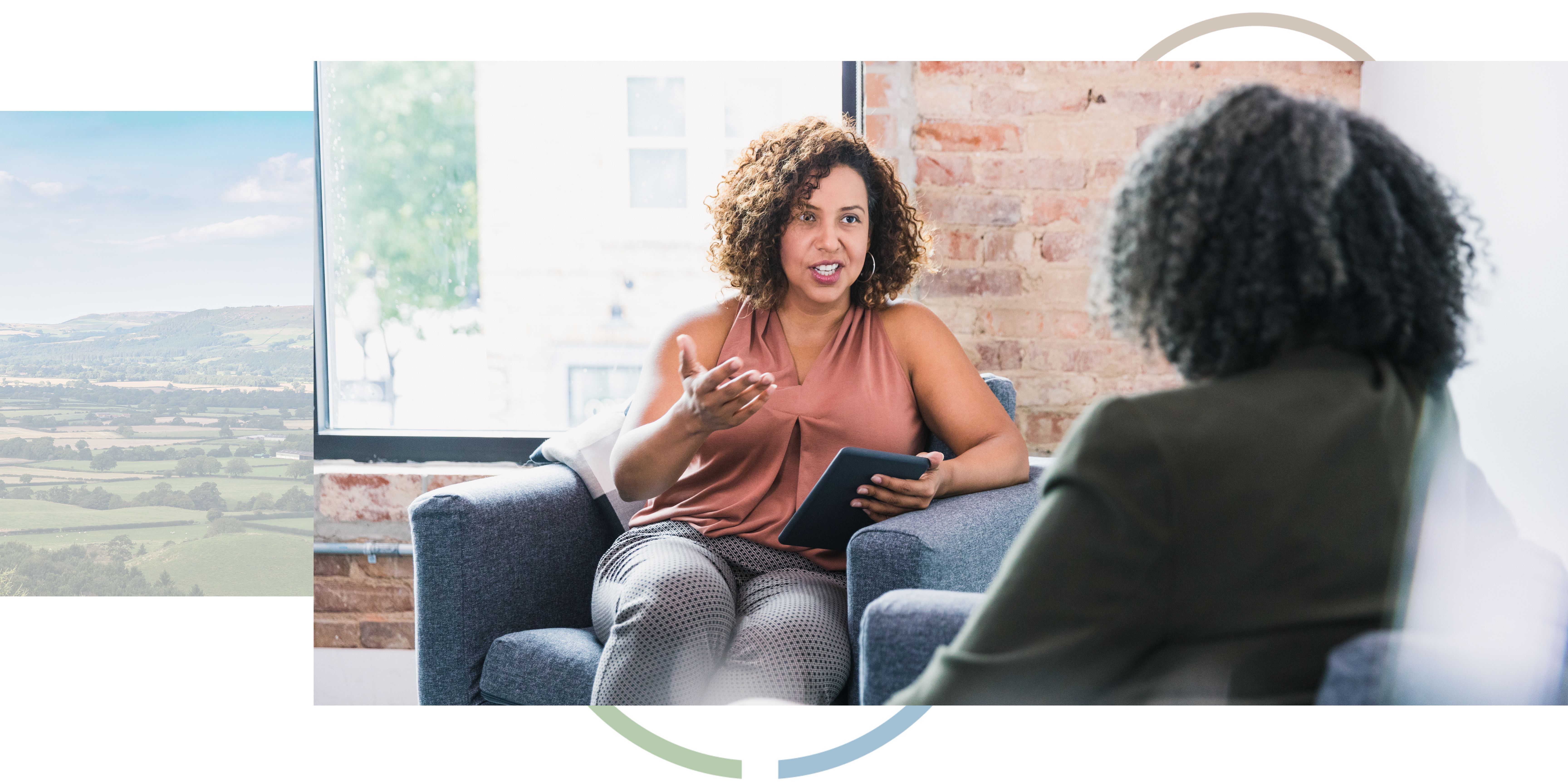 An image of the North Yorkshire countryside next to an image of two women talking in a room with a large window.