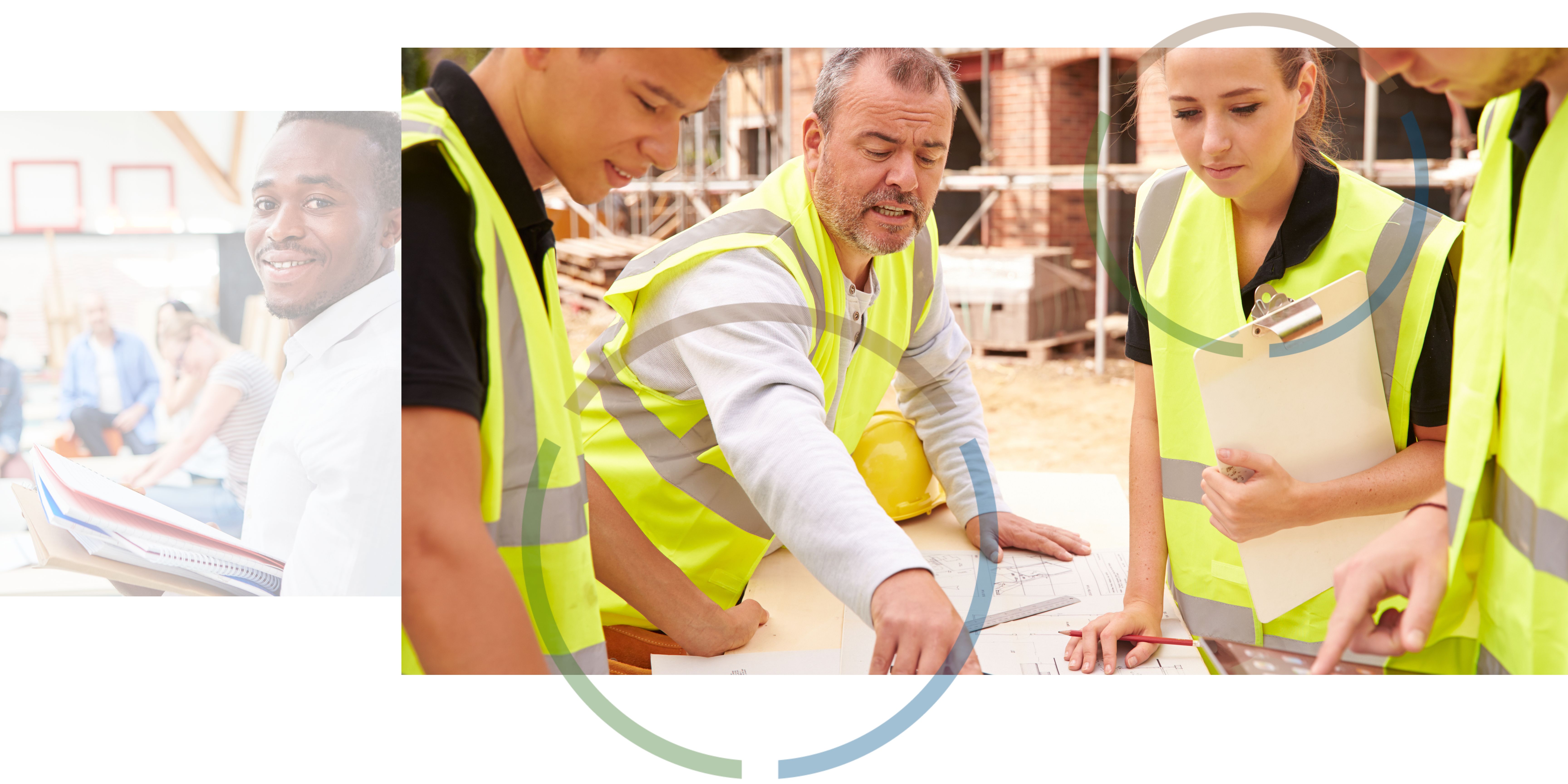 An image of a man holding a pile of notebooks and smiling next to an image of four people wearing high visibility jackets and looking at paperwork.