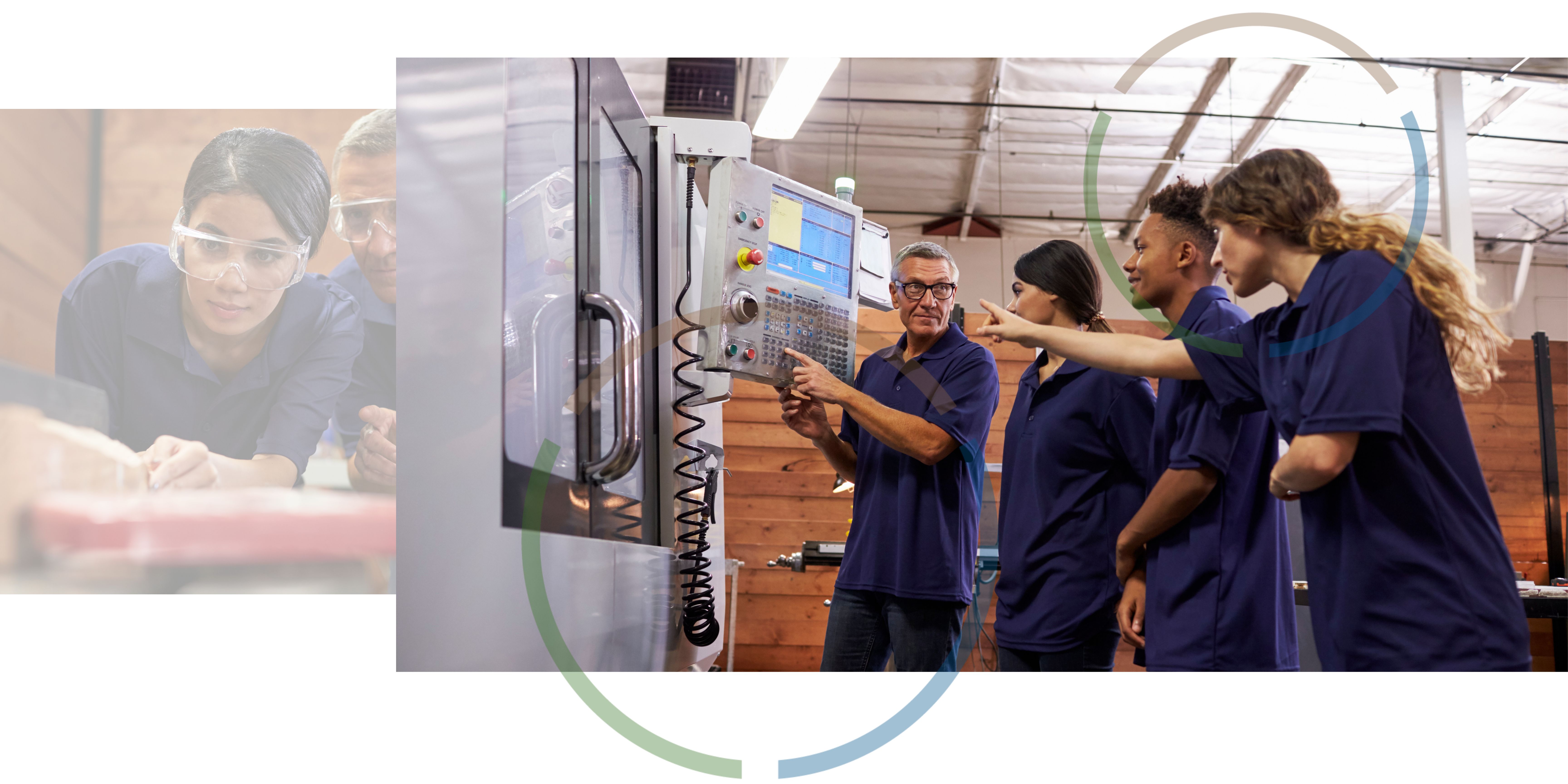 Two images of people working with warehouse equipment.