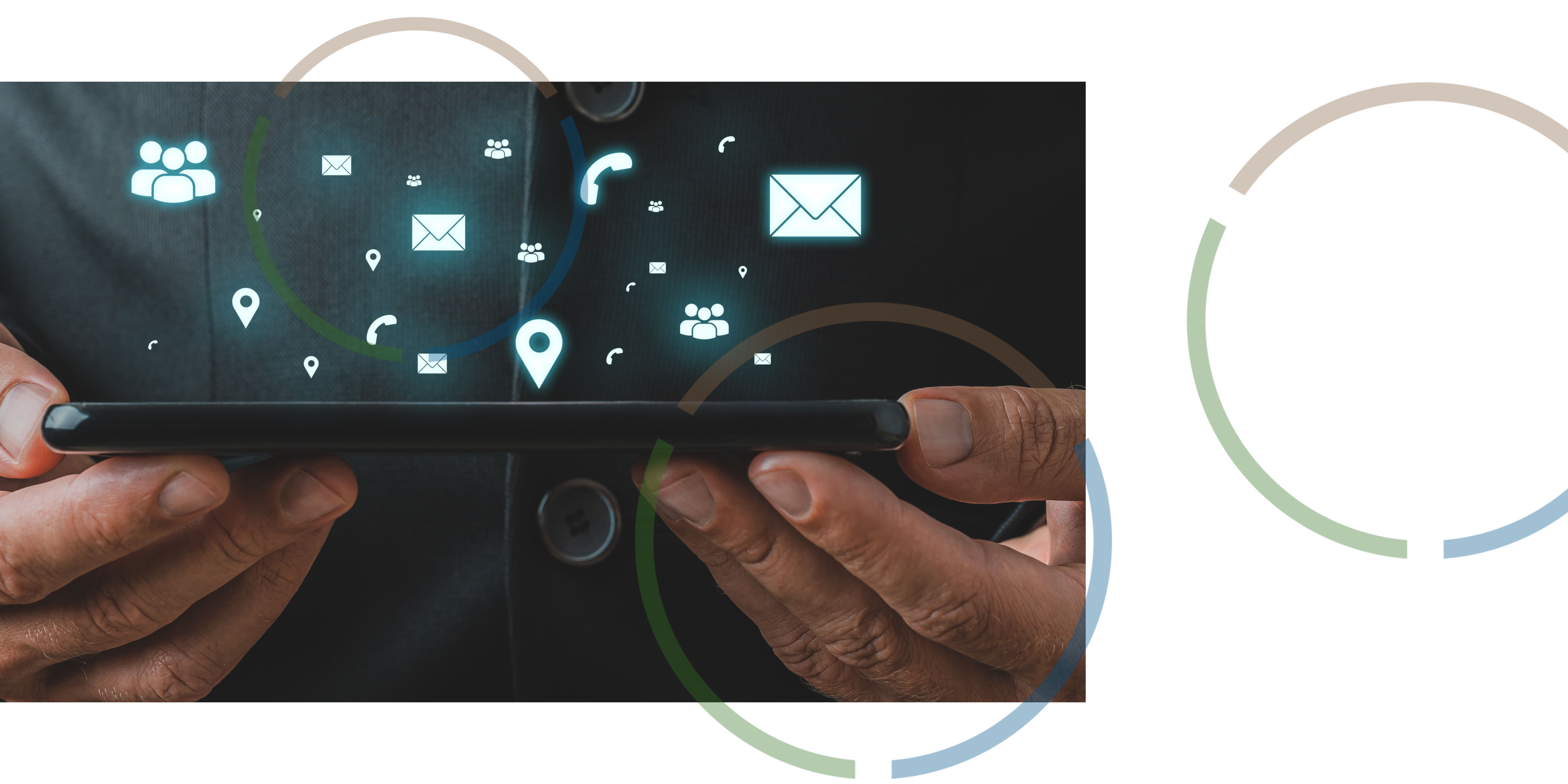 Hands holding a tablet with bright floating icons above it.