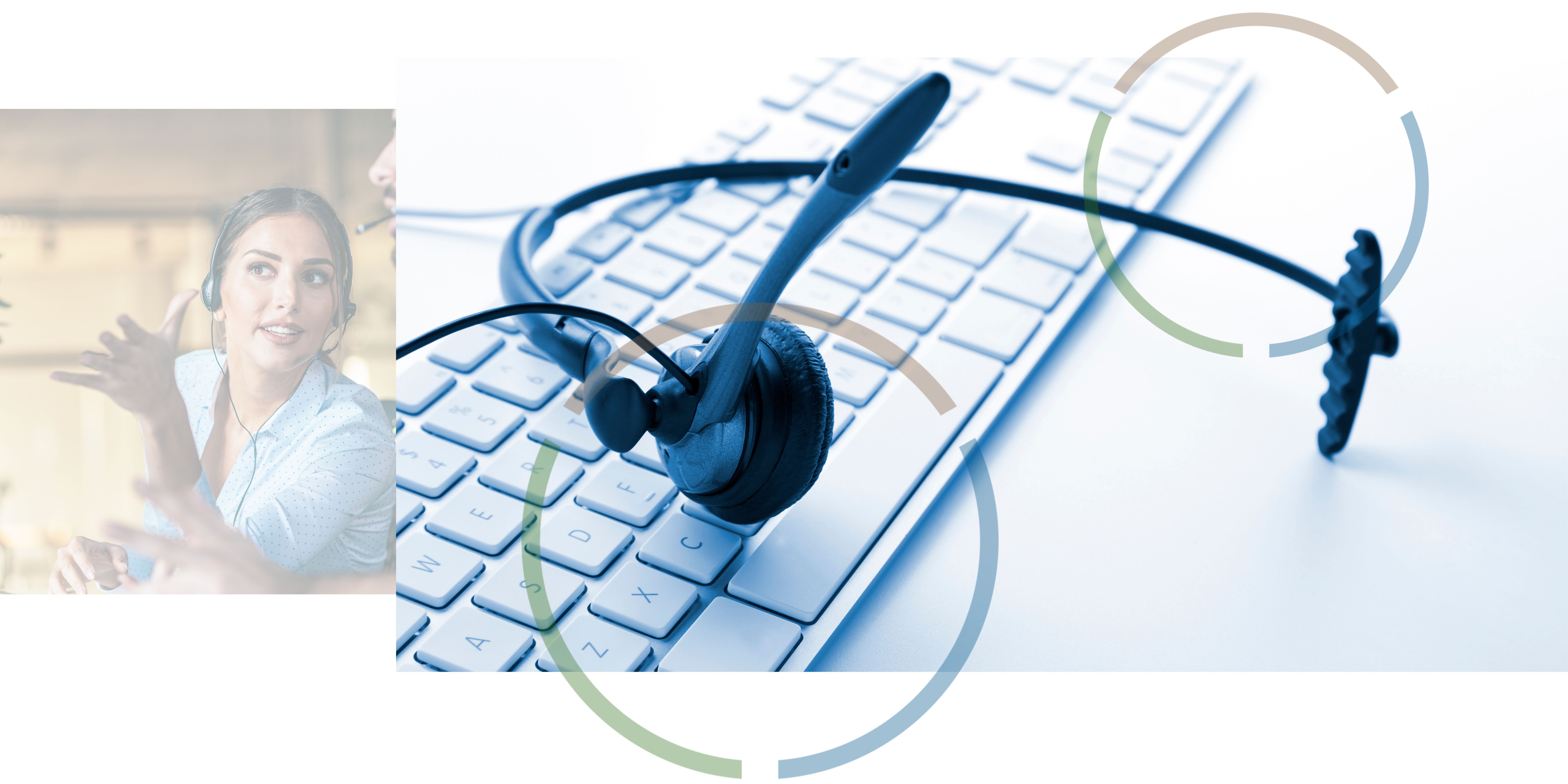 An image of a woman talking with a headset next to an image of a headset on top of a keyboard.