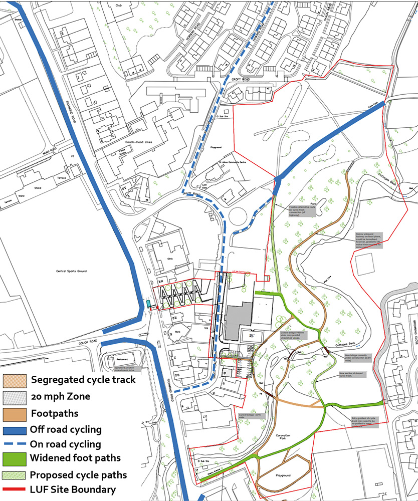 Design plan showing proposed cycle track, footpaths, off road and on road cycling, widened footpaths, and proposed cycle paths for the new Catterick Garrison town centre
