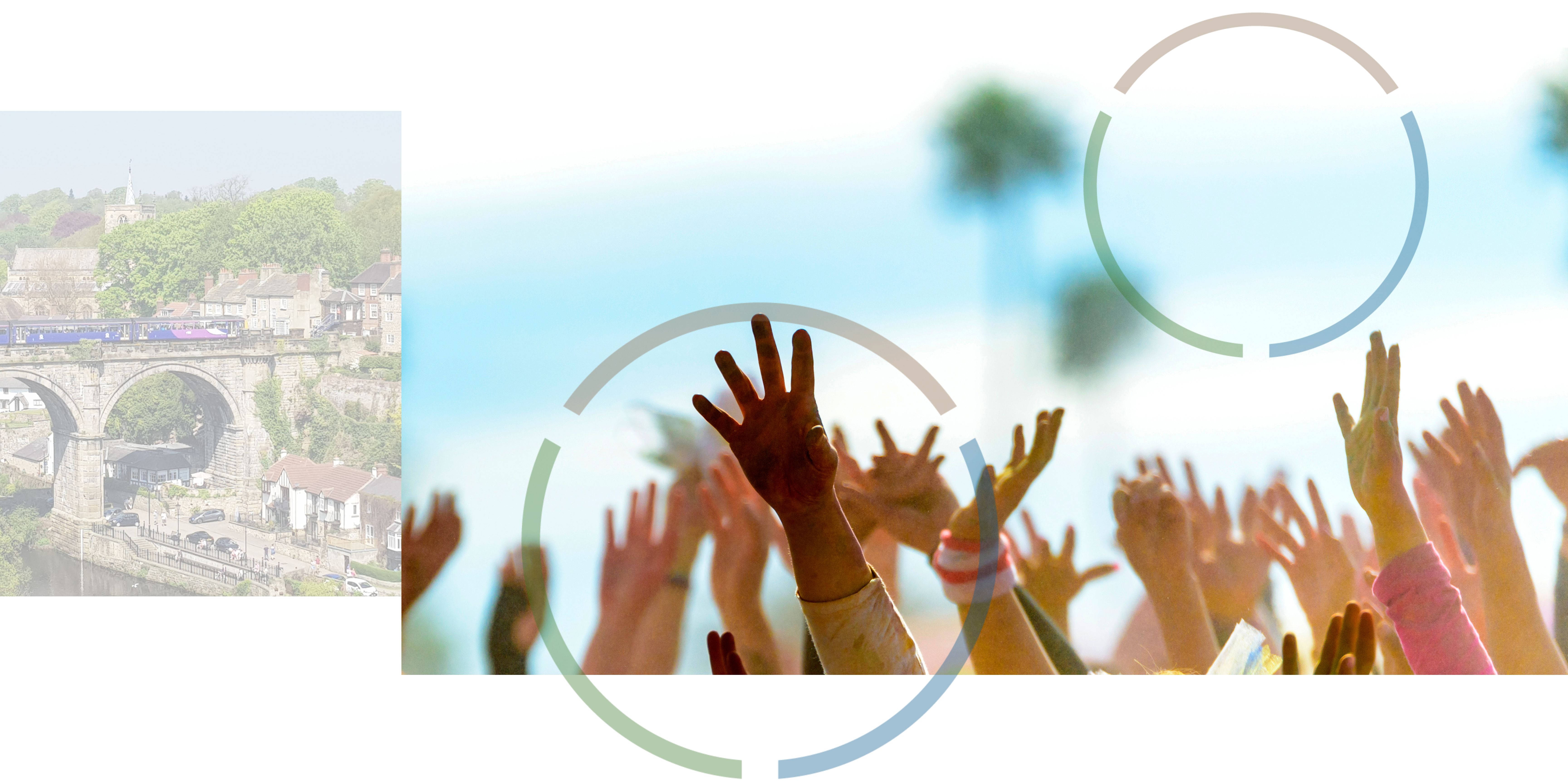 An image of a North Yorkshire town next to an image of many hands waving in the air.