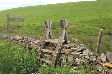 A public footpath leading over a dry stone wall in North Yorkshire.