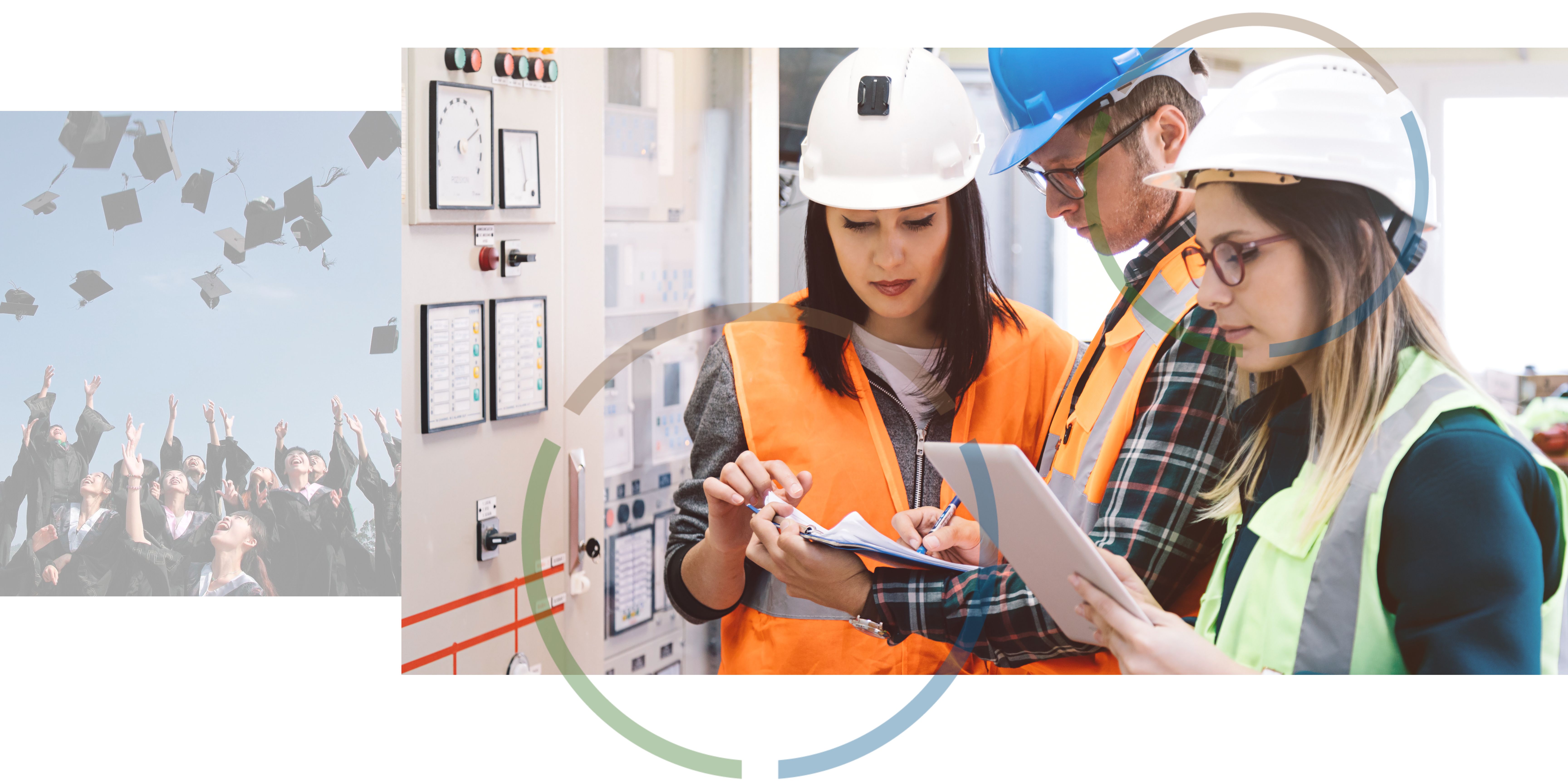 An image of graduates throwing their graduation caps in the air next to an image of three people wearing hard hats and high visibility jackets looking at information on clipboards and tablets.