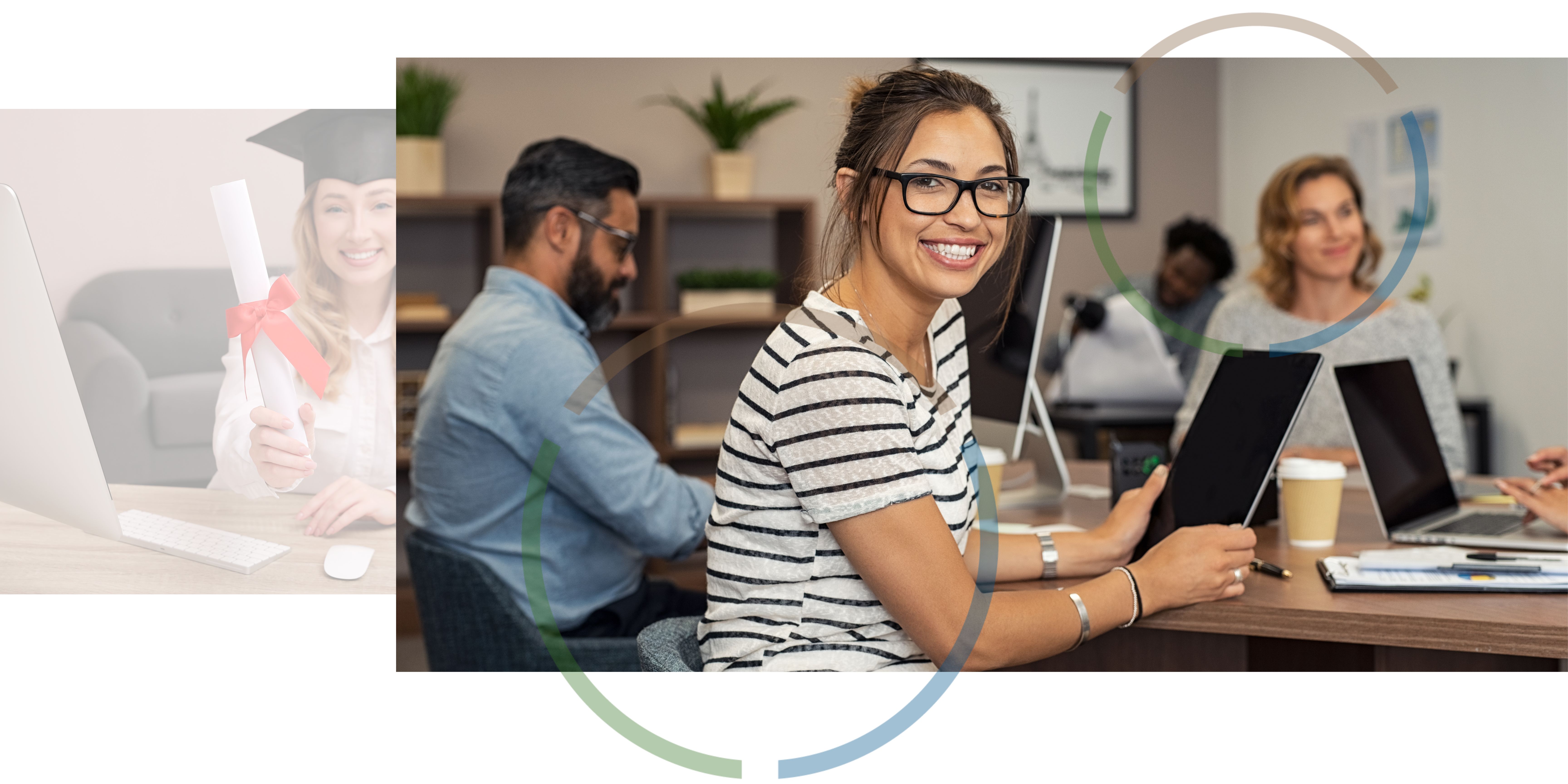 An image of a smiling graduate holding their certificate next to an image of four people working in an office and smiling.