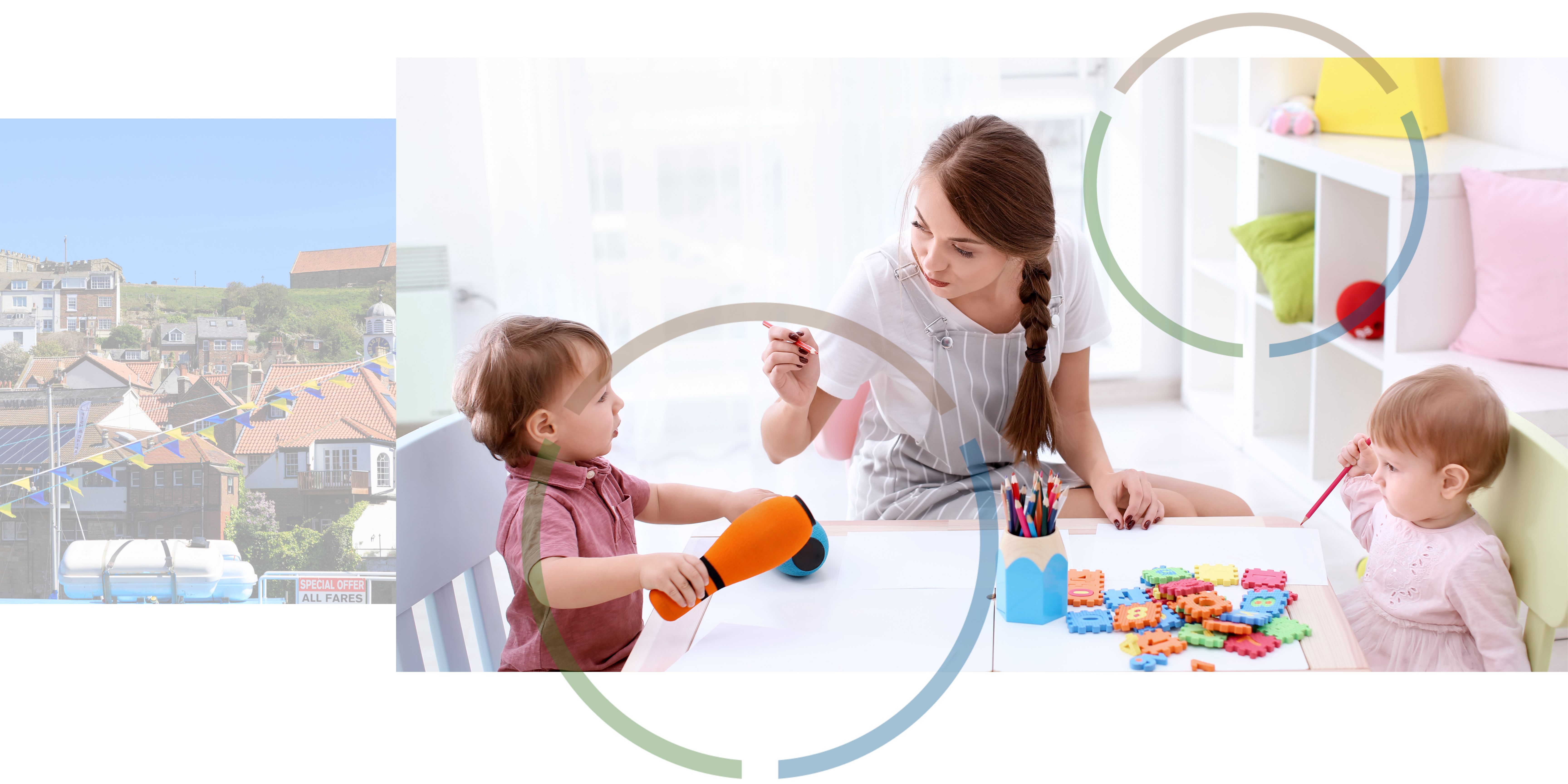 An image of a North Yorkshire town next to an image of a young woman talking to two small children at a table covered in toys.