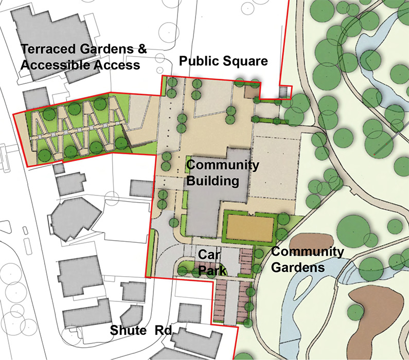 Catterick Garrison town centre central area plan showing the terraced gardens and accessible access, the public square, community building, car park and community gardens