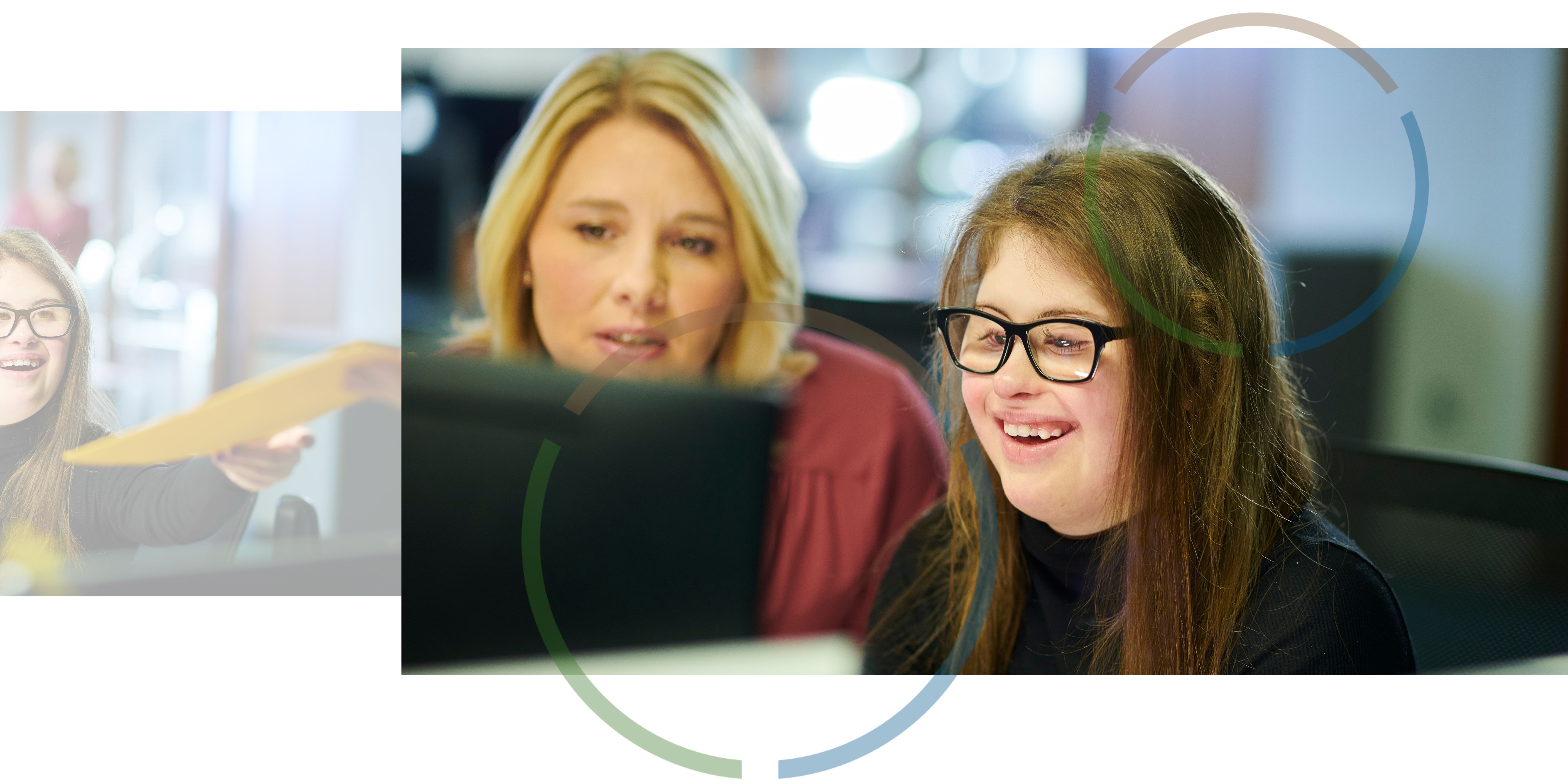 An image of a woman being given a folder next to an image of two women working at a computer.