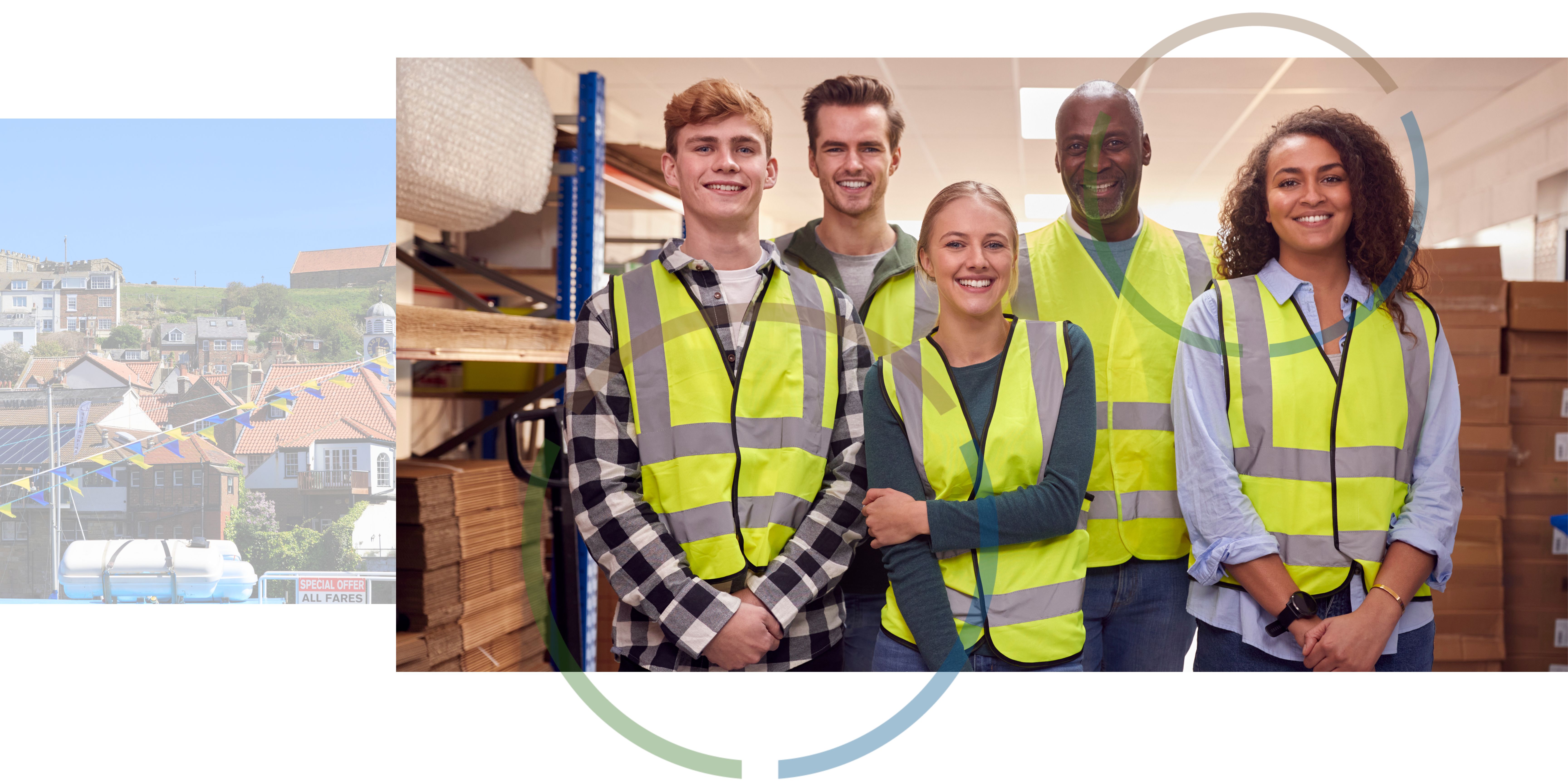 A view of a North Yorkshire town next to a picture of five people standing together wearing high visibility vests and smiling.