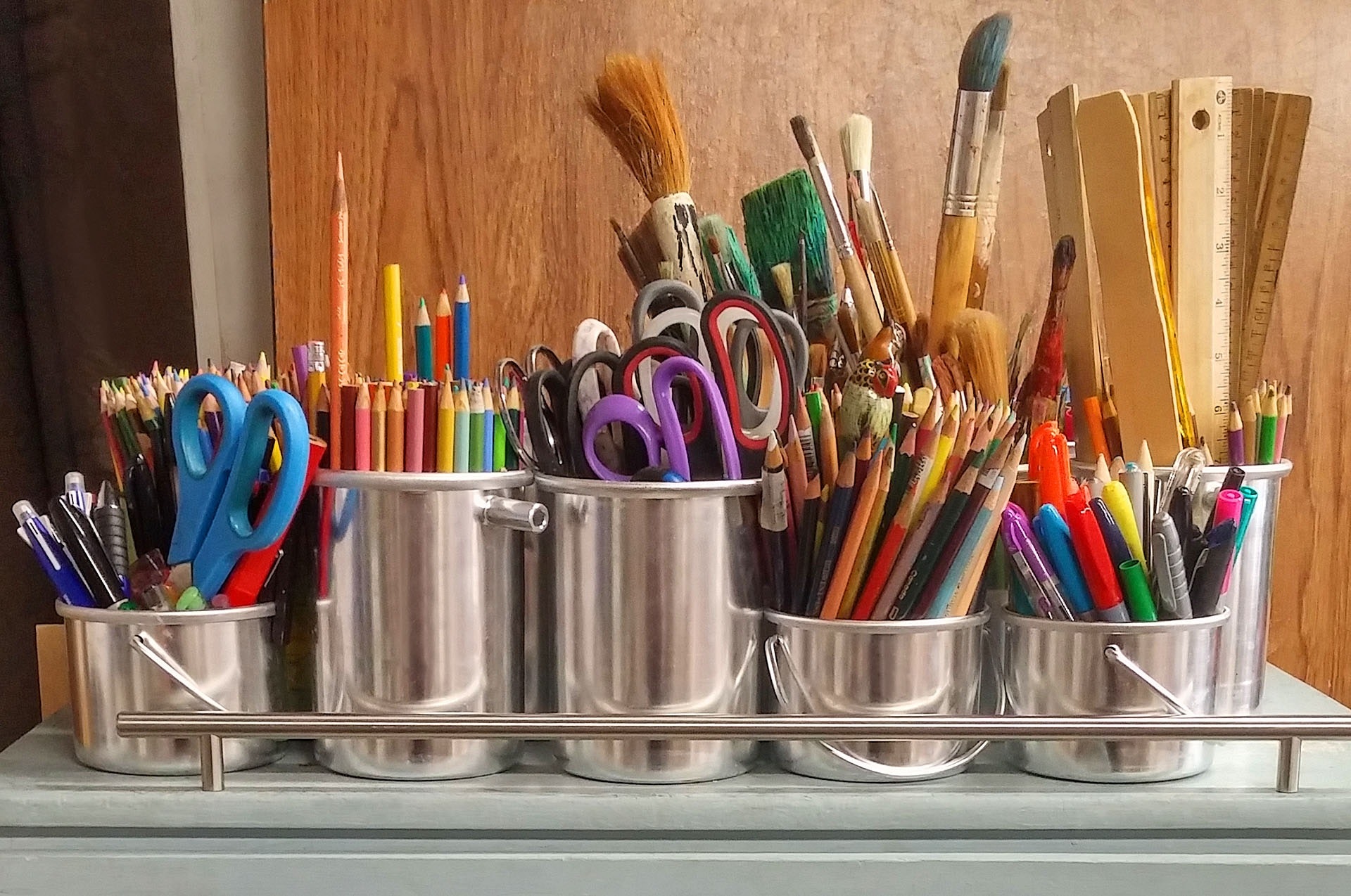 Pens and pencils in a school