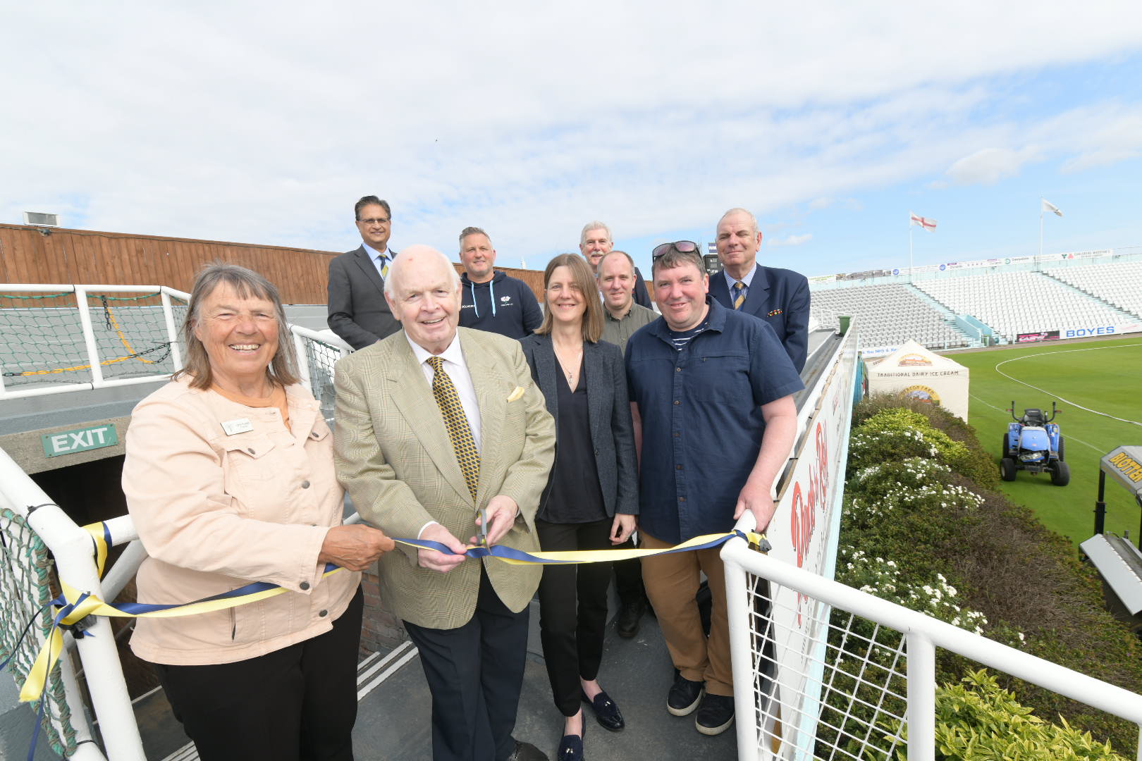 Yorkshire Cricket Club president Jane Powell and Scarborough Cricket Club president Bill Mustoe cut the ribbon alongside representatives from Scarborough Cricket Club, Yorkshire County Cricket Club, North Yorkshire Council and the England and Wales Cricket Board.