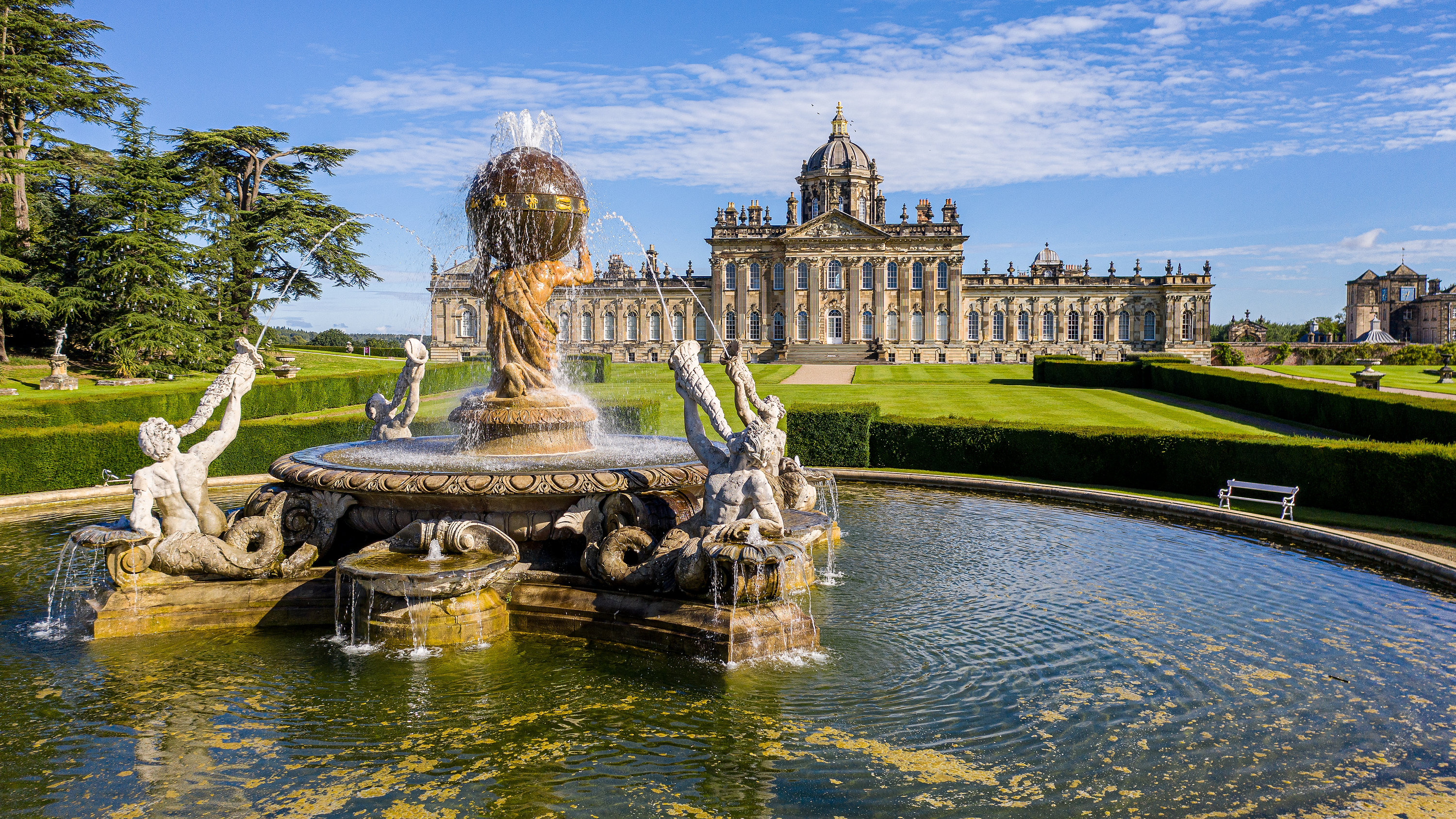 Castle Howard with a fountain in the foreground
