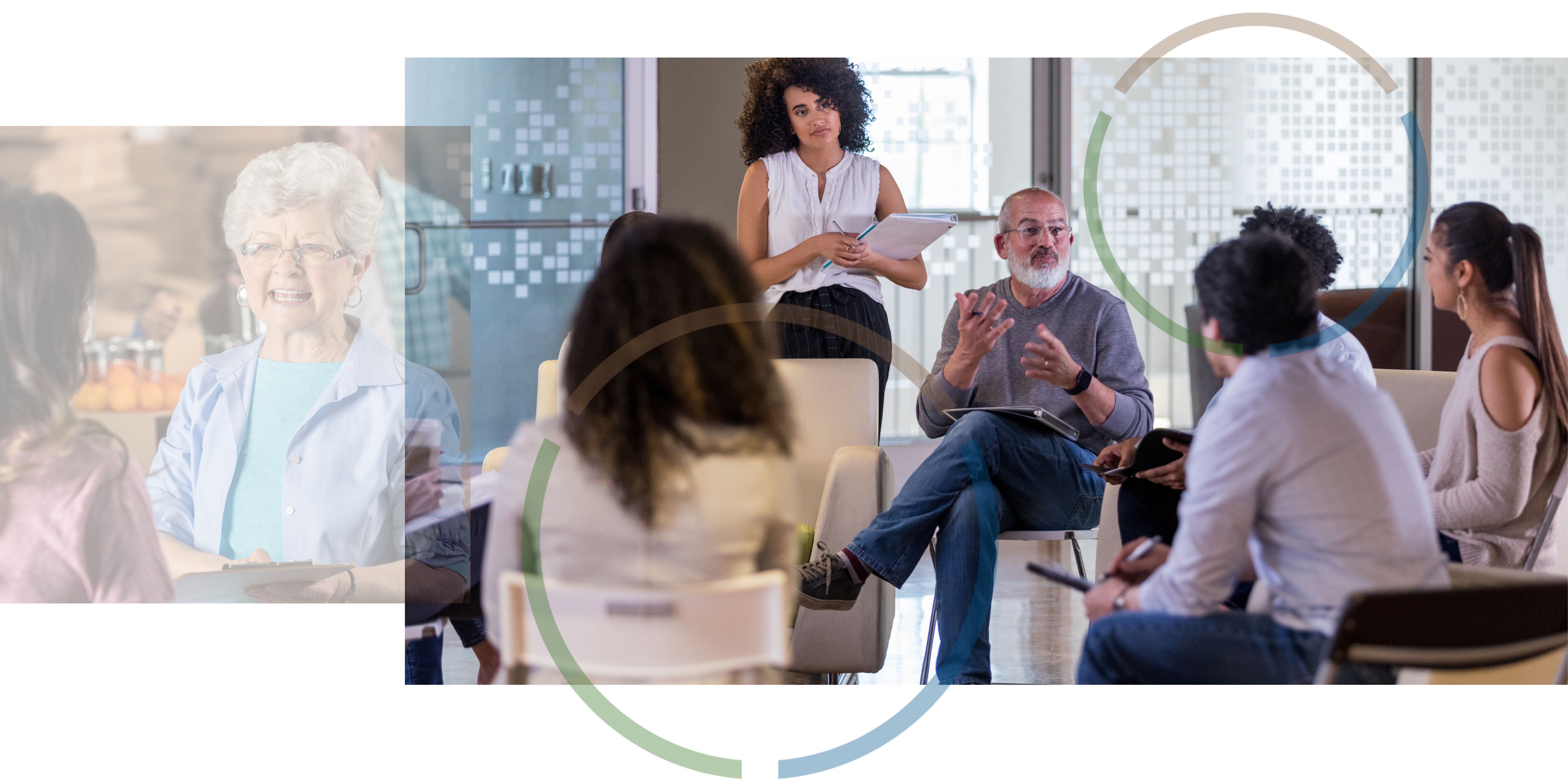 An image of a woman with a clipboard speaking next to an image of several people sitting and talking in a circle.