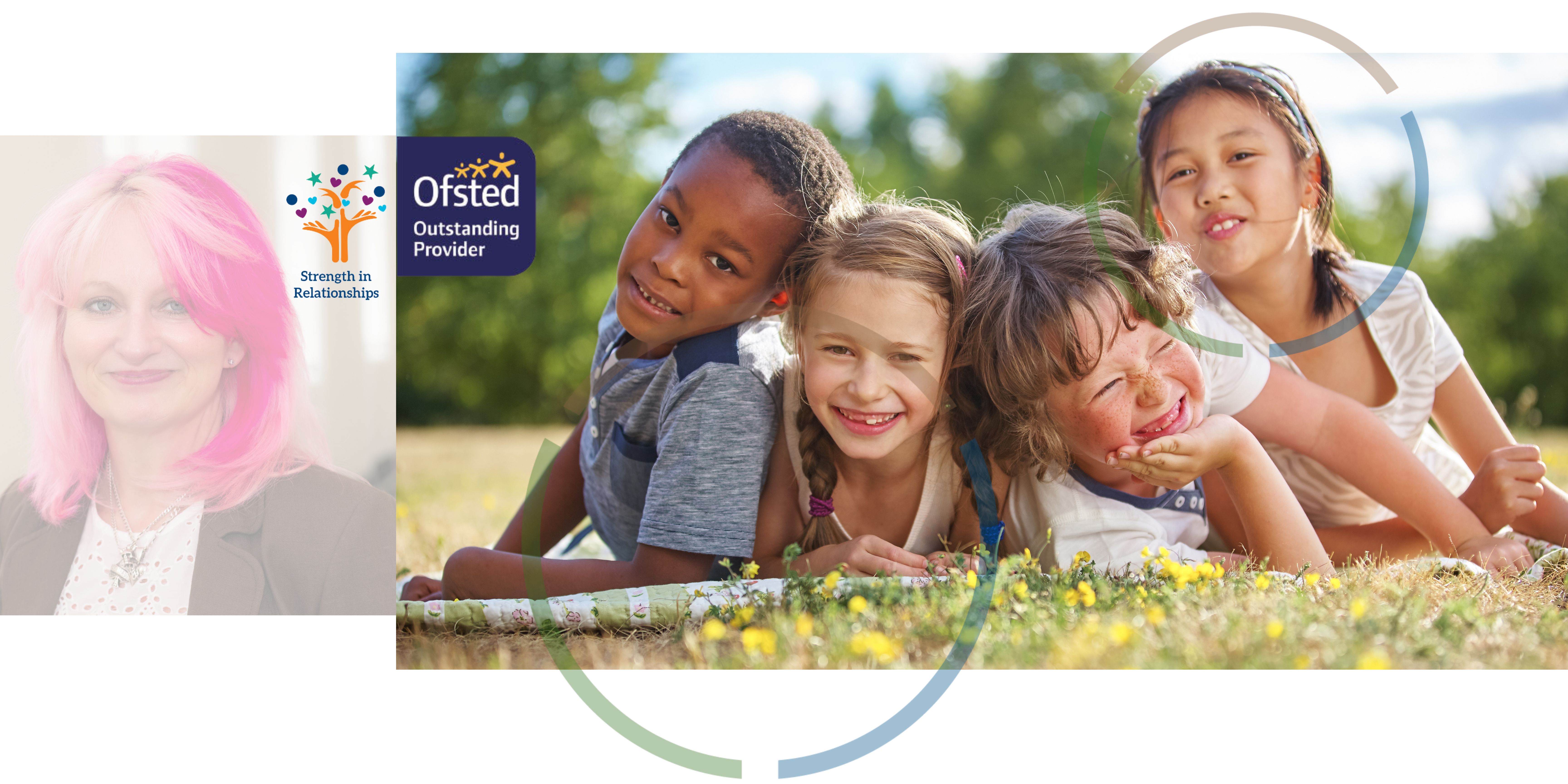 A portrait of a member of the children and families social work team next to an image of children smiling on a picnic blanket with the Ofsted and strength in relationships logos. 