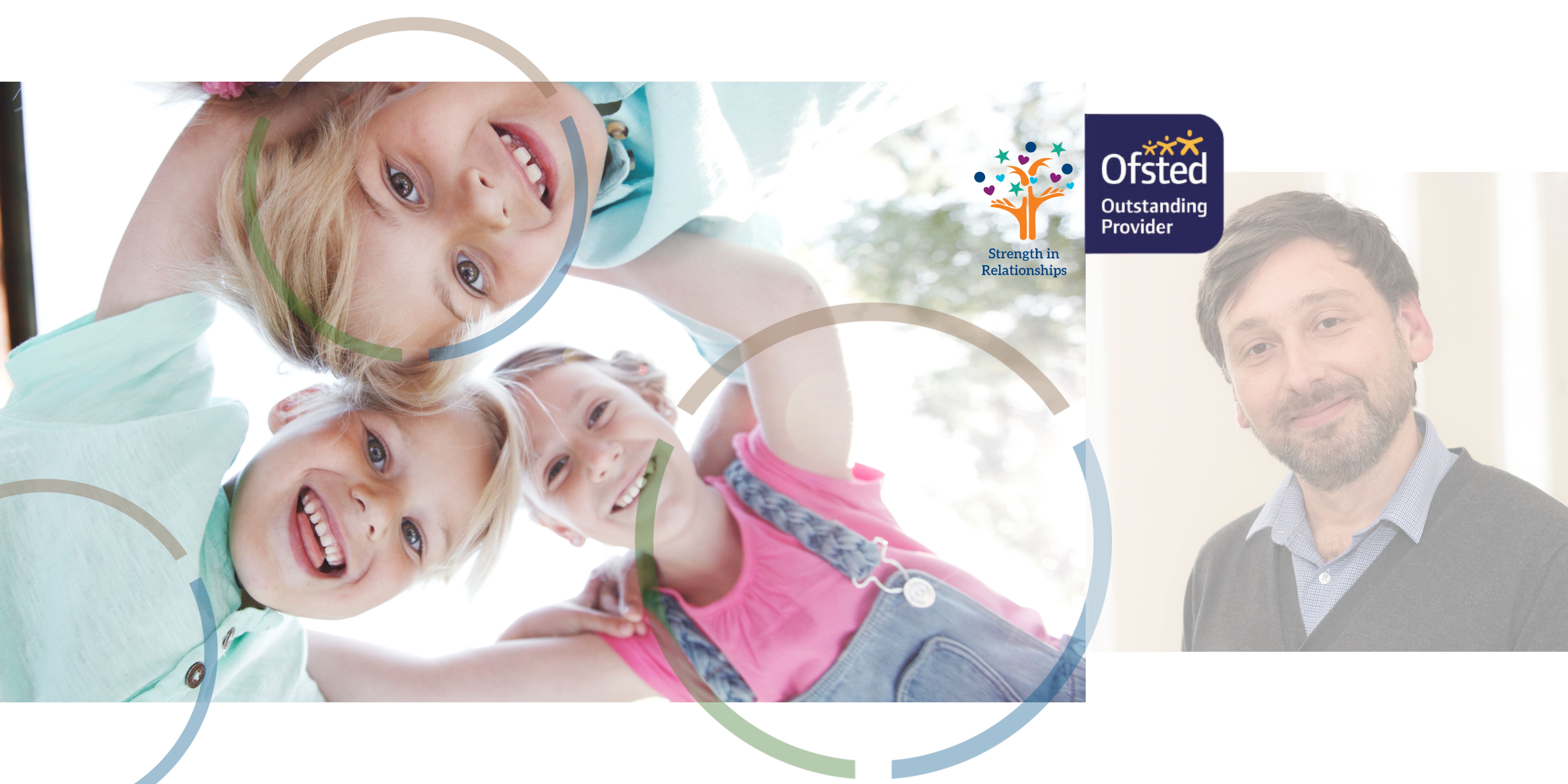 An image of children linking arms and smiling next to a portrait photograph of a member of the children and families social work team with the Ofsted and strength in partnerships logos.