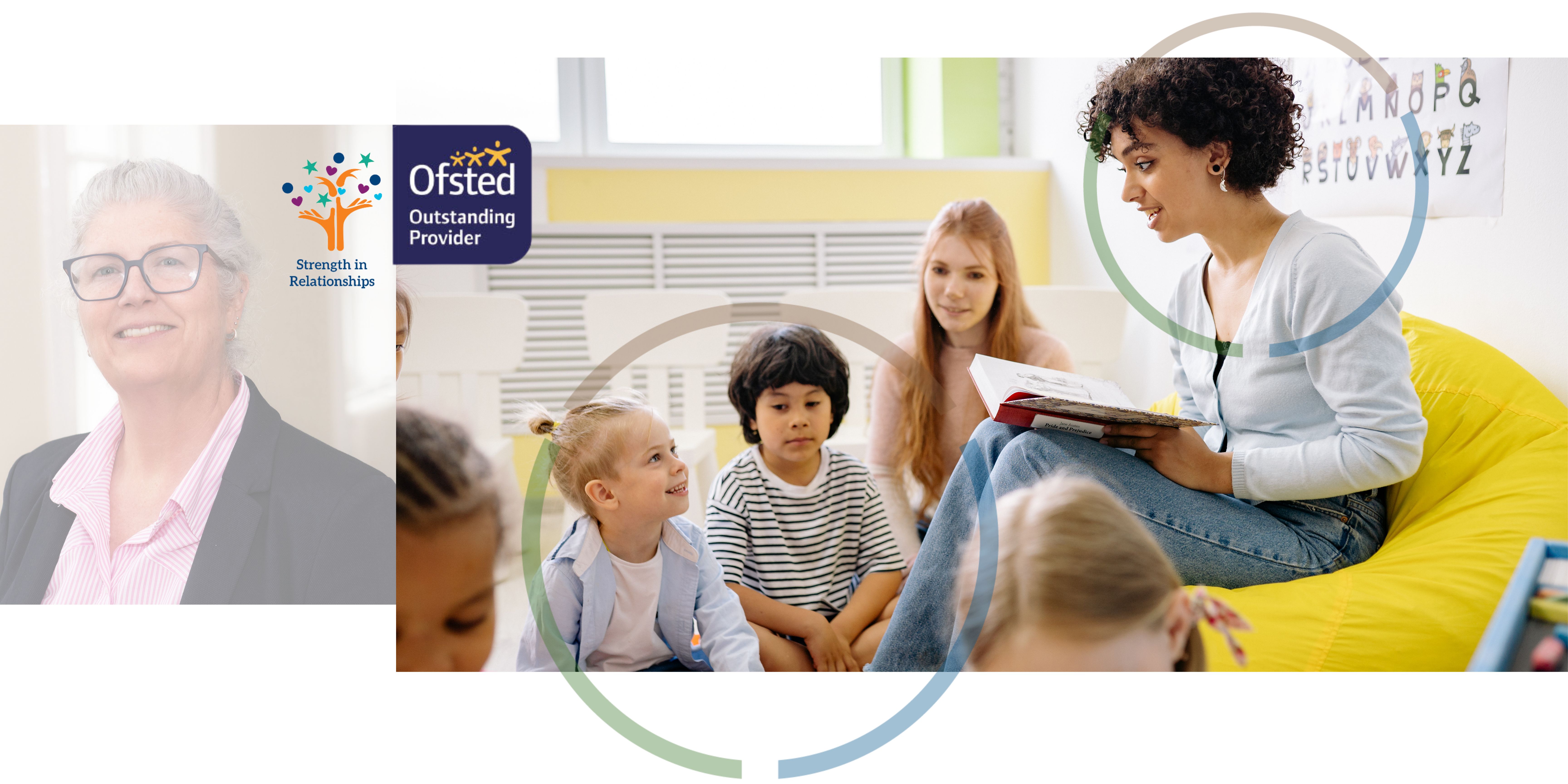 A portrait photograph of a member of the children and families social work team next to an image of a young woman reading a book to a group of children with the Ofsted and strength in partnerships logos.