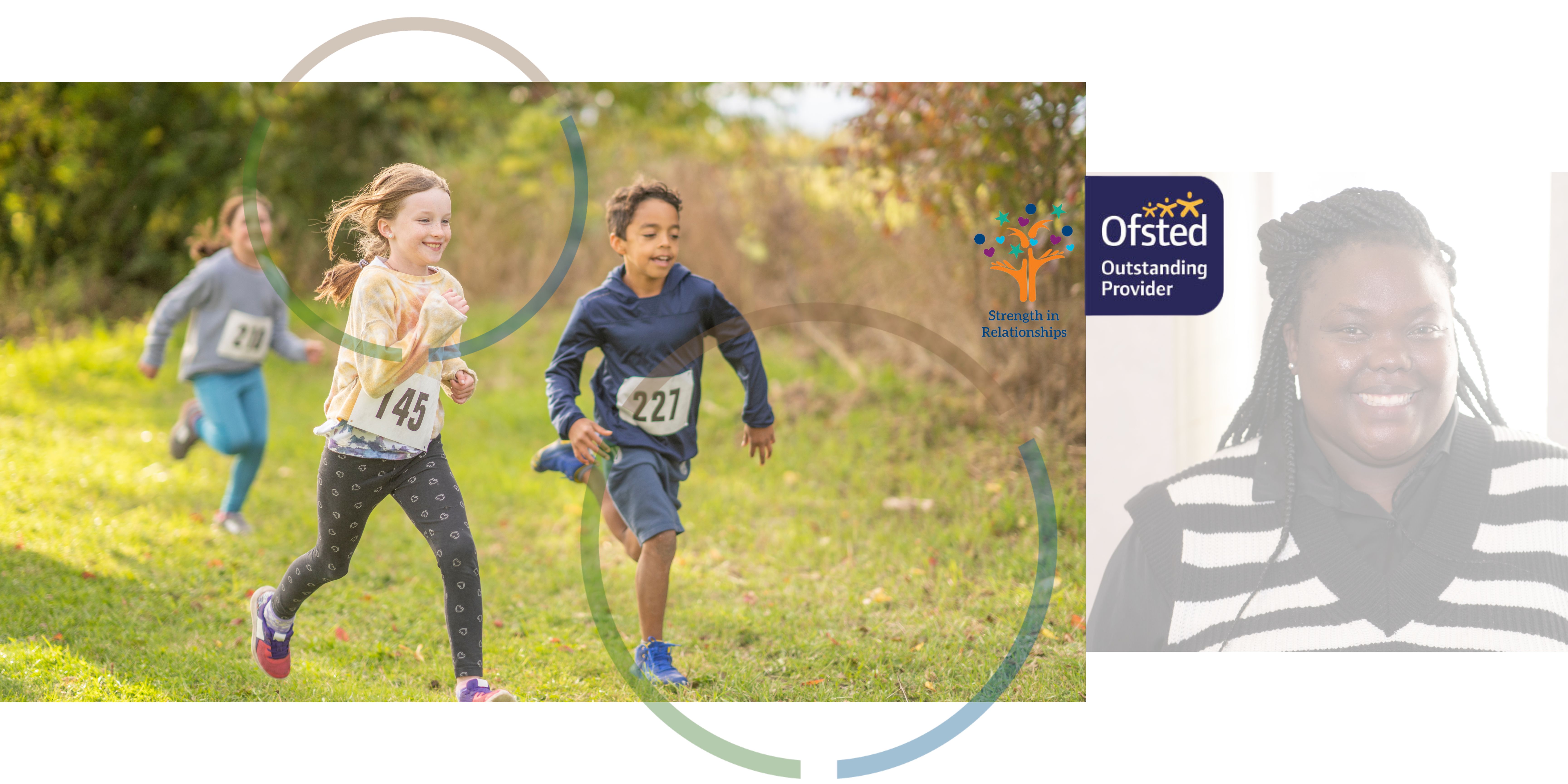 An image of children running in a race next to a portrait photograph of a member of the children and families social work team with the Ofsted and strength in partnerships logos.