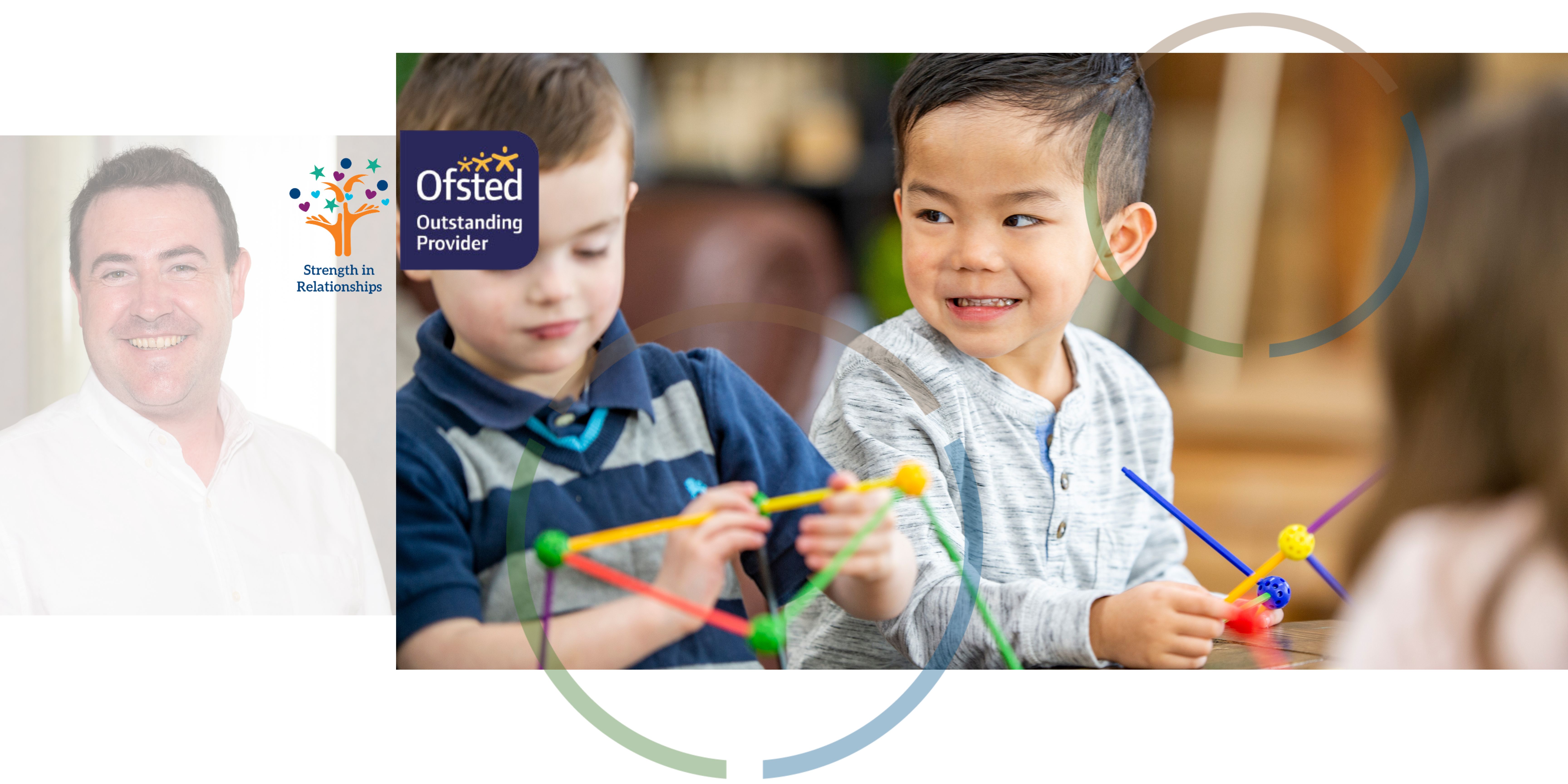 A portrait photograph of a member of the children and families social work team next to an image of children playing with building toys with the Ofsted and strength in partnerships logos.