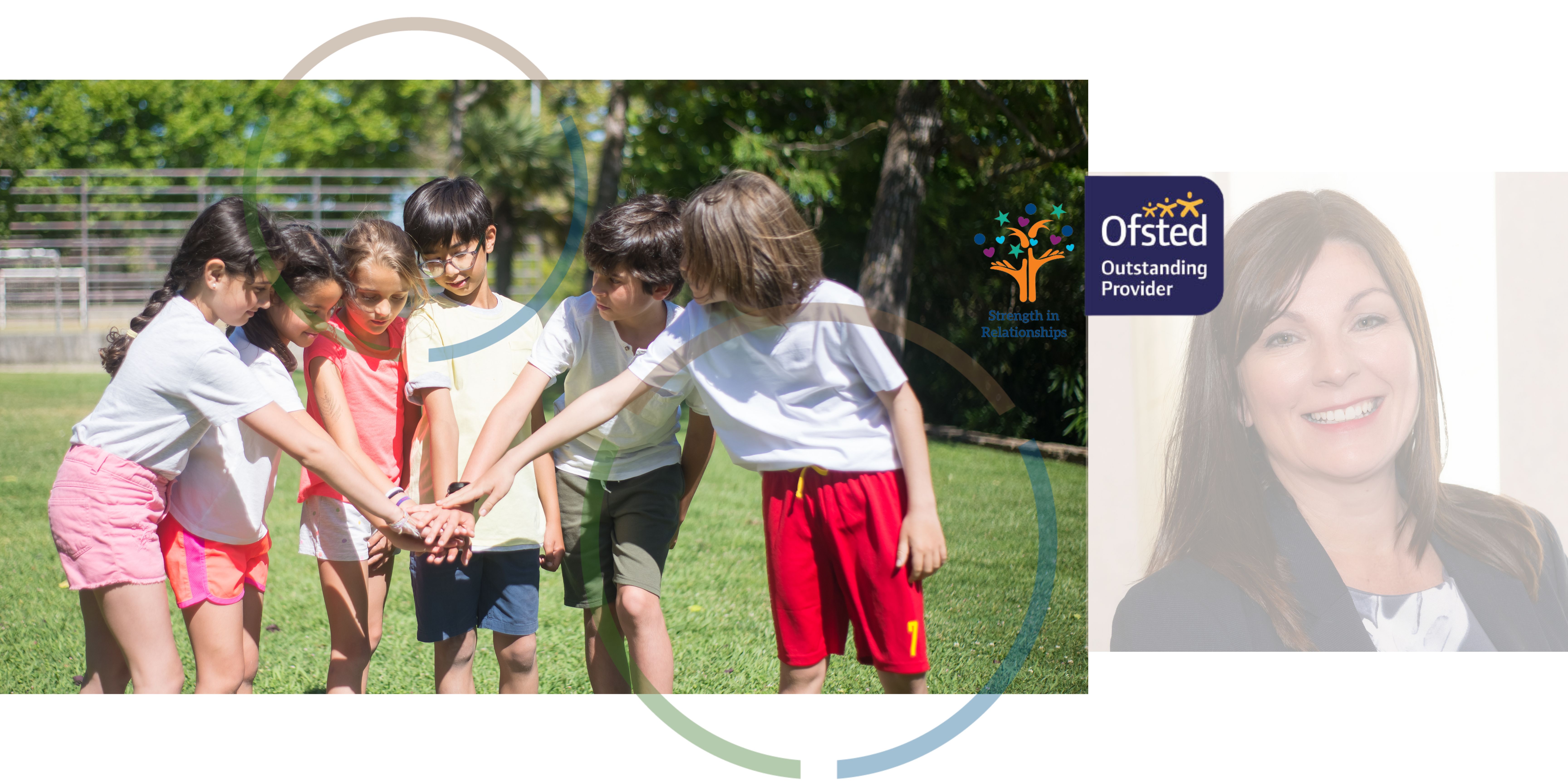 An image of children playing outside next to a portrait photograph of a member of the children and families social work team with the Ofsted and strength in relationships logos.