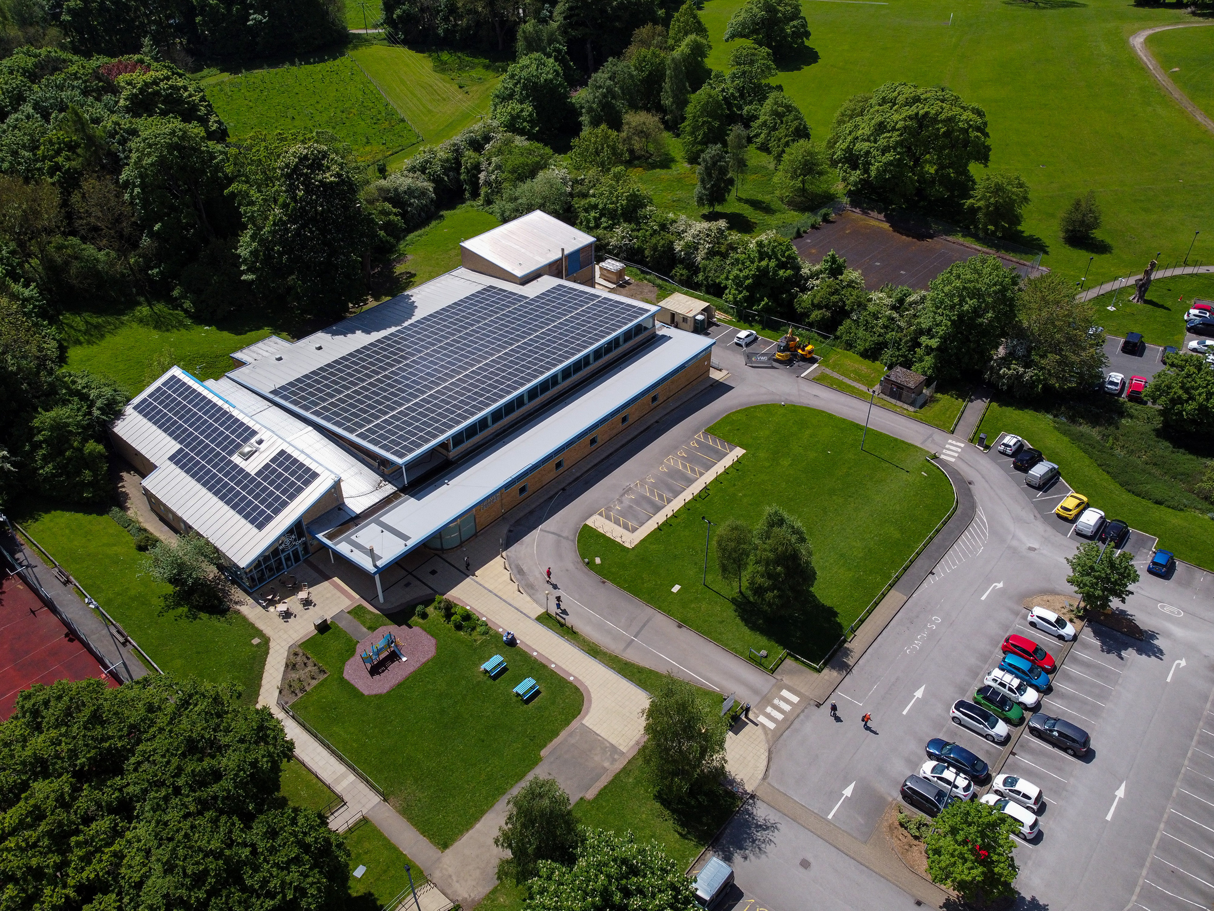 Aerial view of Craven Leisure showing the solar panels that are now switched on to improve energy efficiency and reduce carbon emissions.