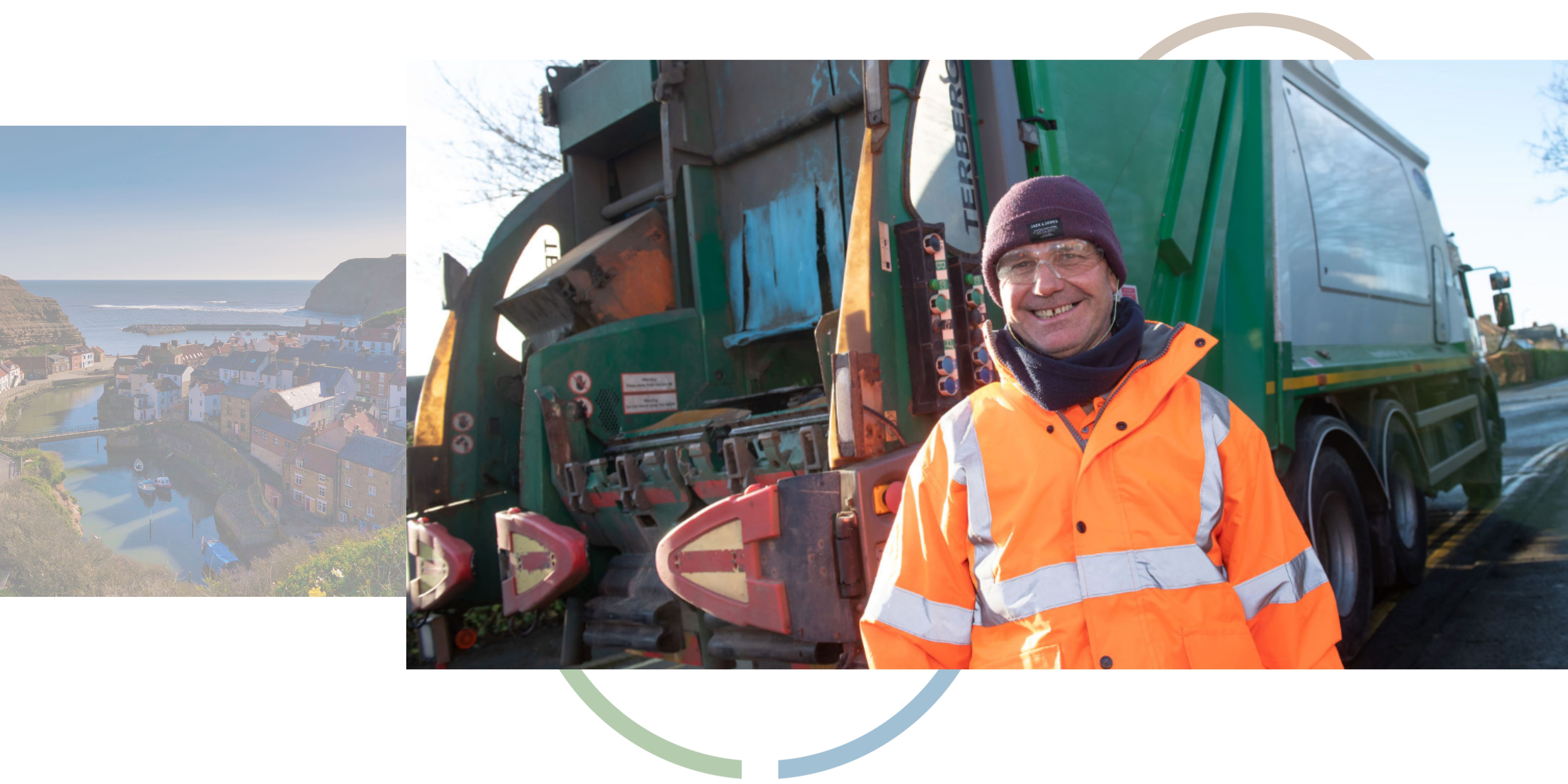 A photograph of the North Yorkshire coast next to a photograph of a man in a high visibility jacket smiling in front of a waste collection vehicle. 