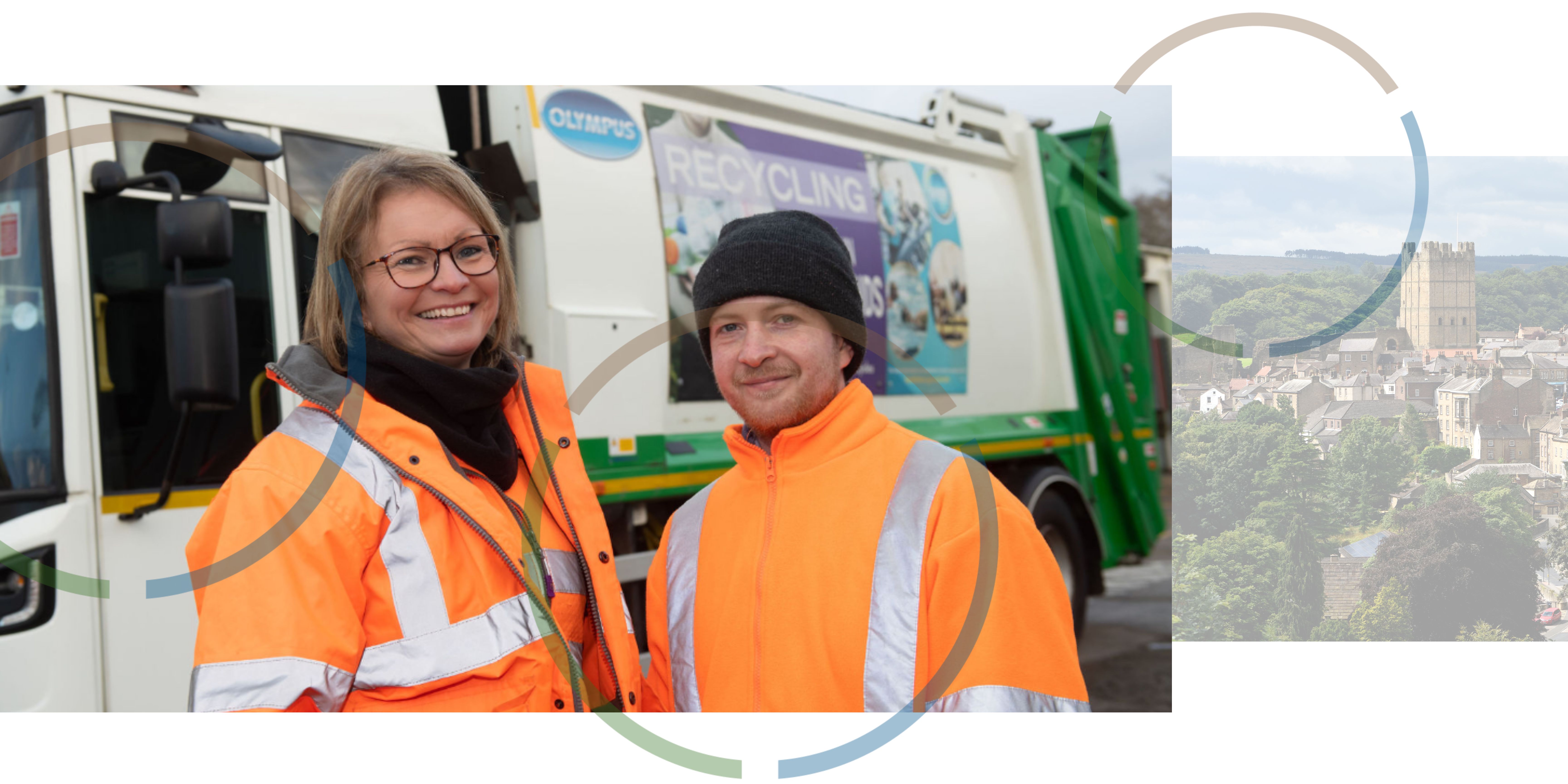 A photograph of two people in high visibility jackets smiling in front of a recycling collection vehicle next to a photograph of a town in North Yorkshire.