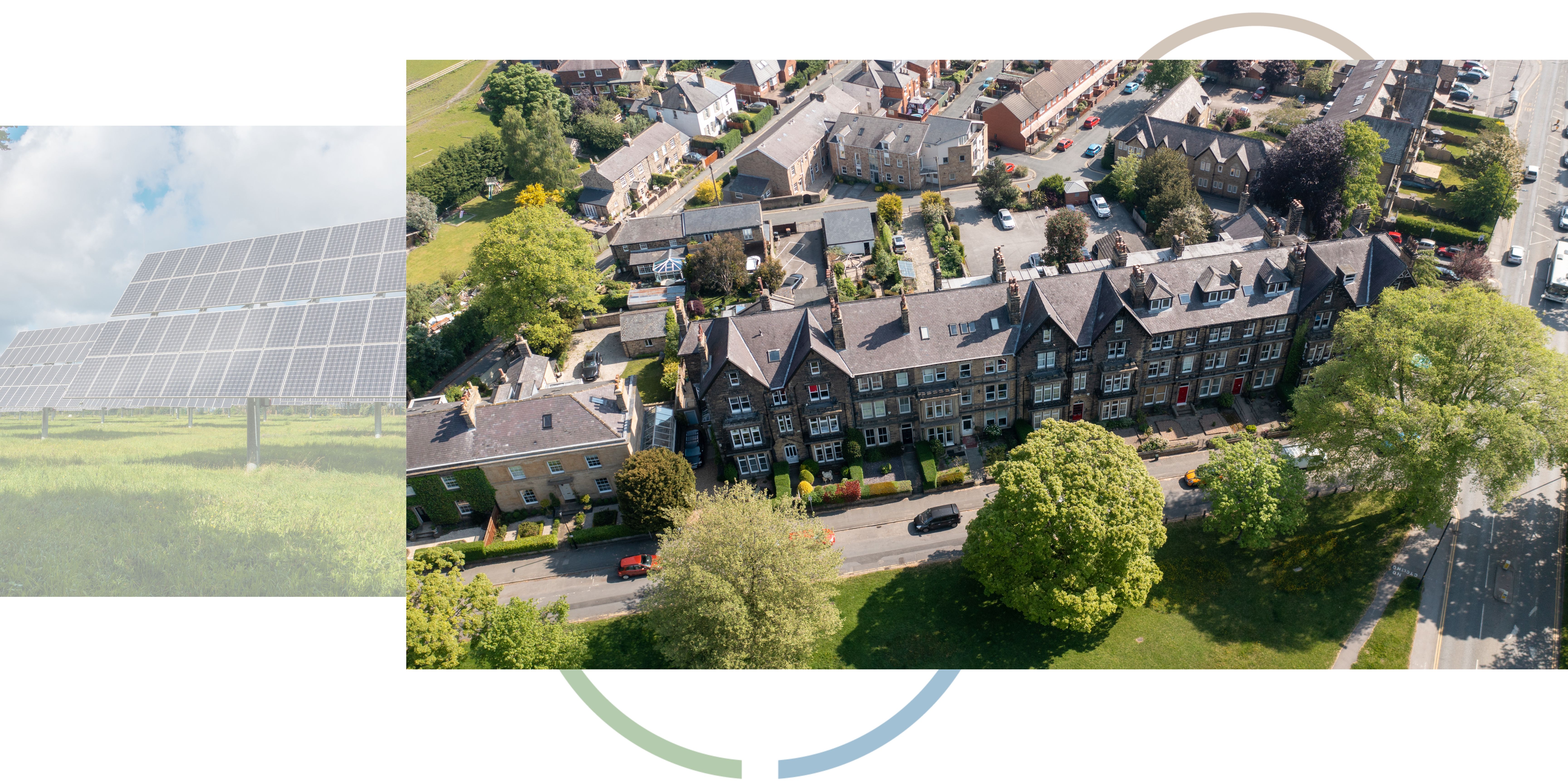 An image of solar panels next to an aerial view of houses in North Yorkshire.