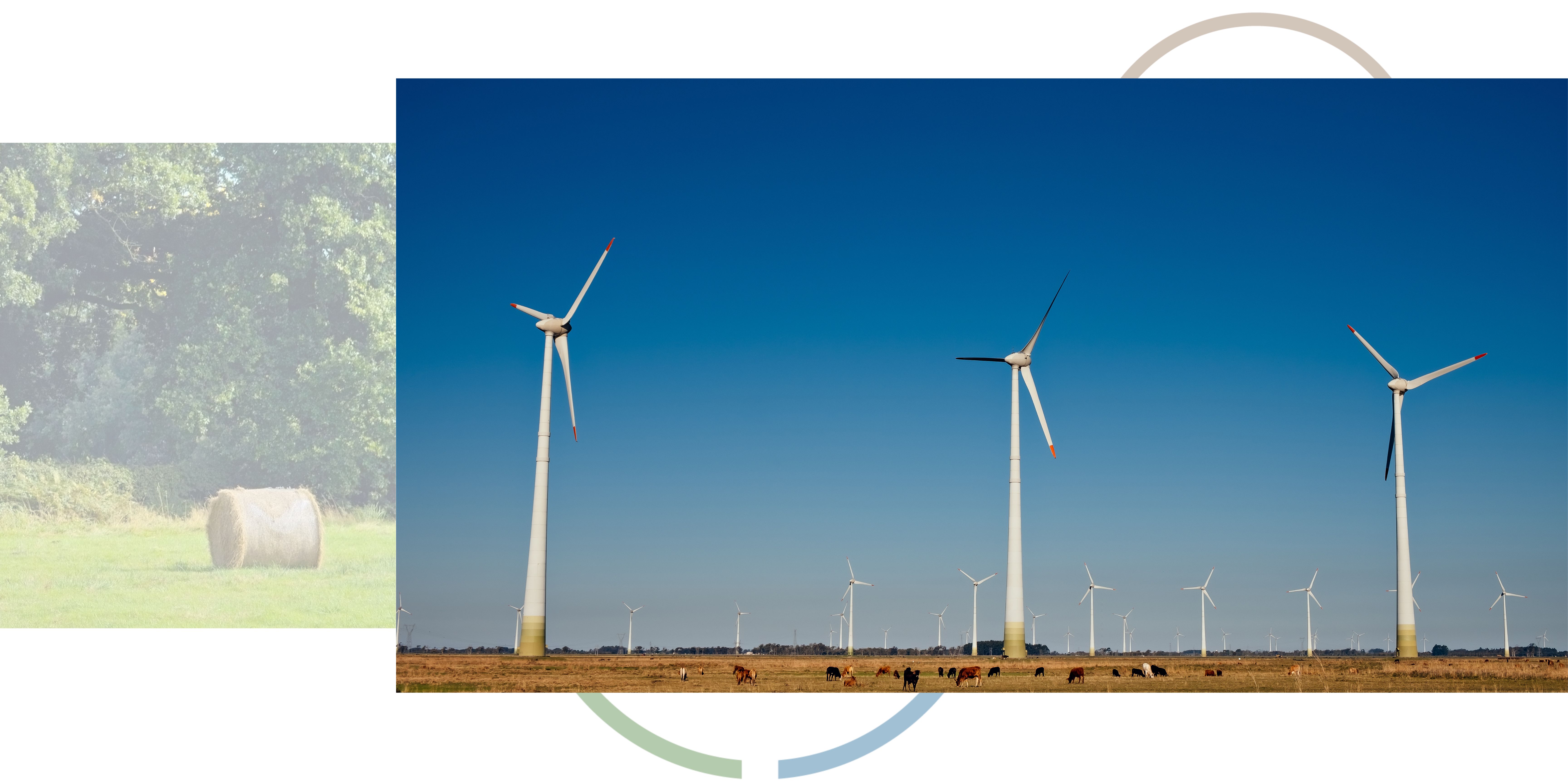 An image of a roll of hay in a field next to an image of large wind turbines.