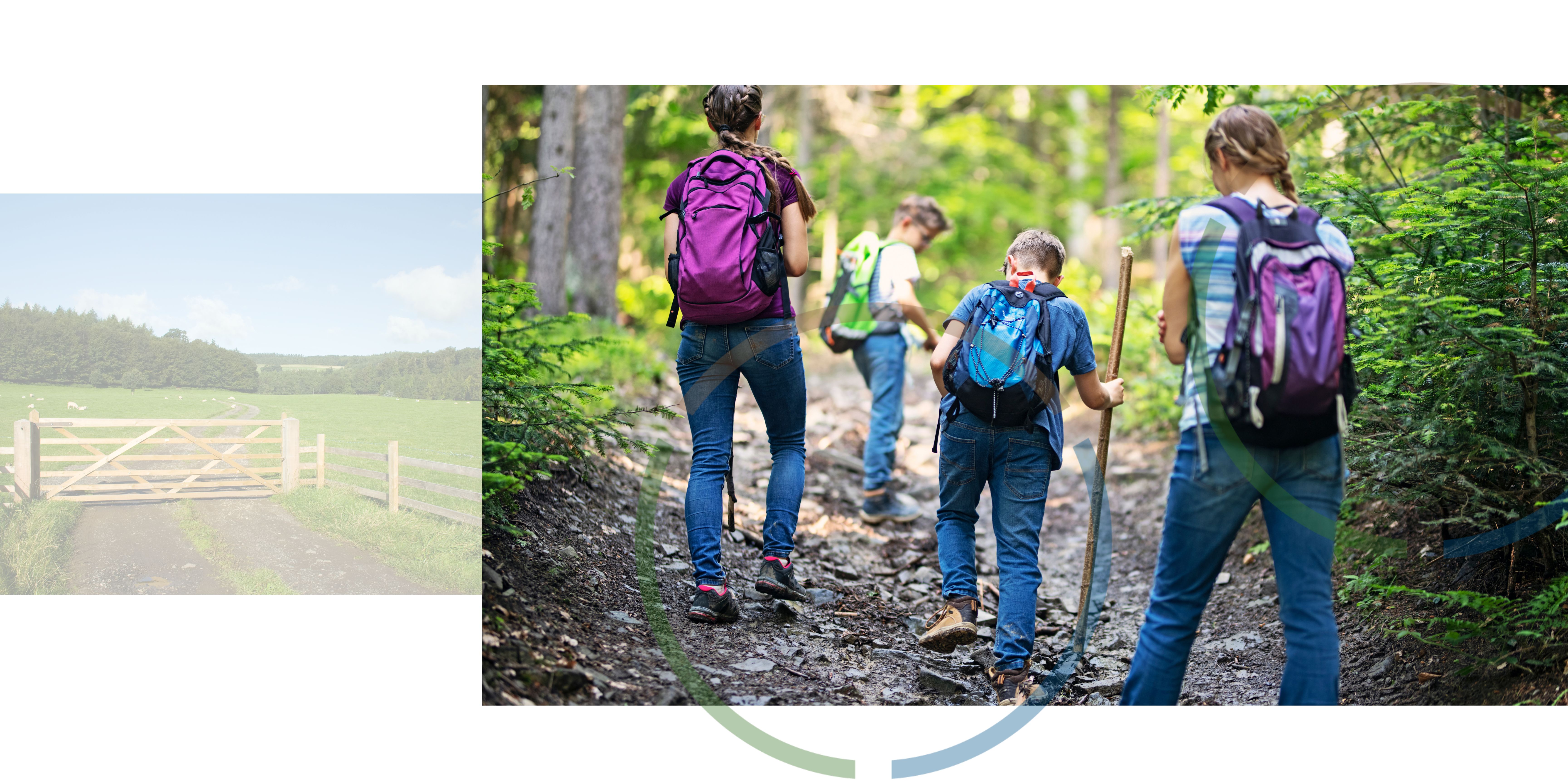 An image of a country gate next to an image of young people hiking.