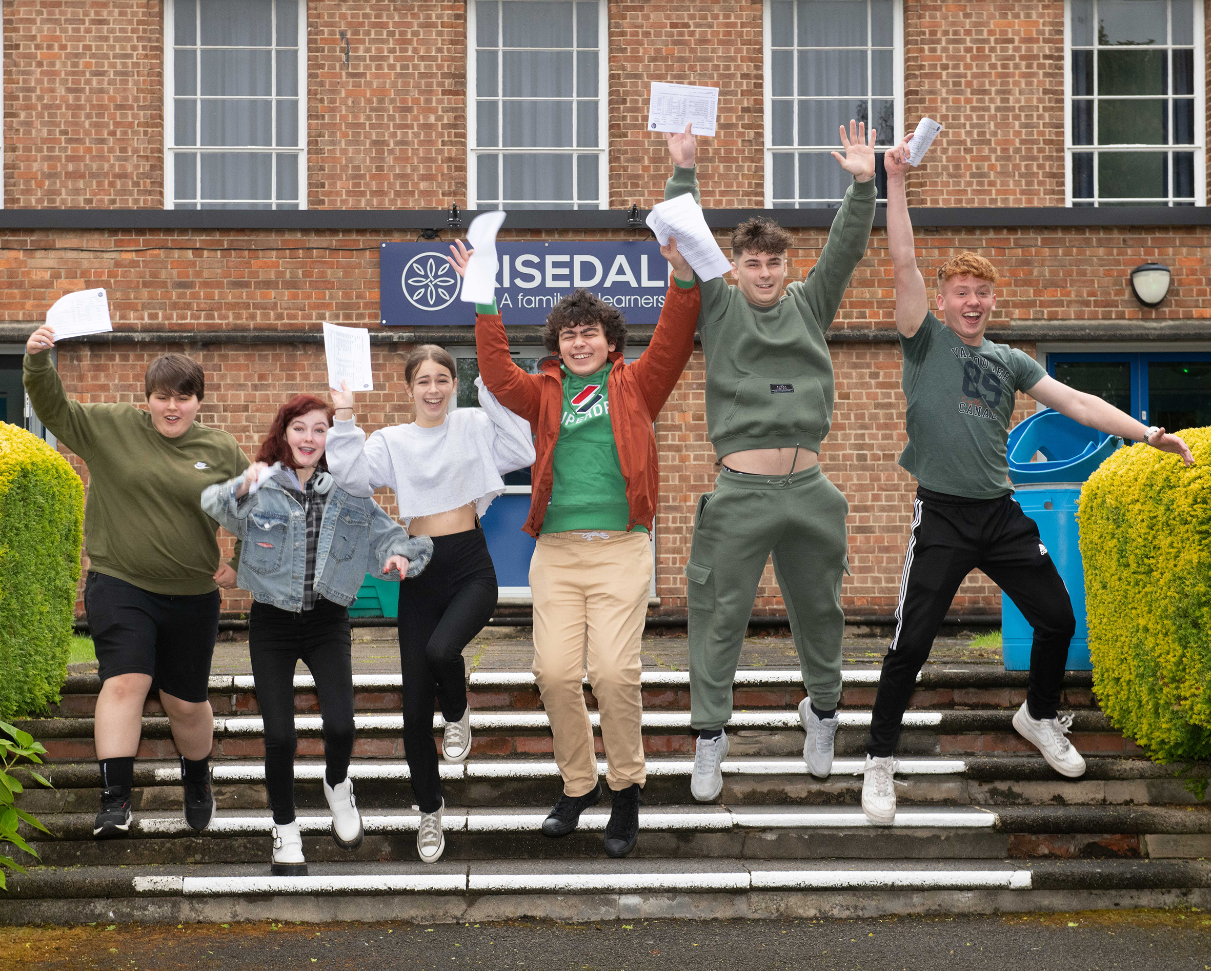 Hard work and determination pays off for pupils at Risedale School celebrating their GCSE results. Pictured from left: Grace Grant, Grace Hoe, Katie Walker, Rogan Glass, Tristan Semons and Shaun Baker.