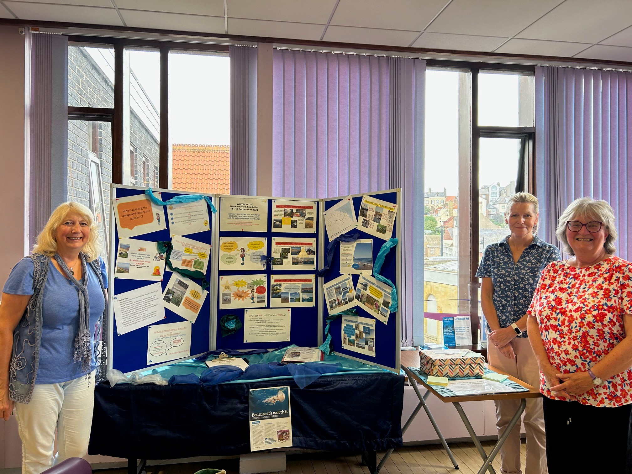 From left, Whitby WI president Lynn Walker, secretary Heather Relf and member Sue Hurdiss with the river pollution display at Whitby library.