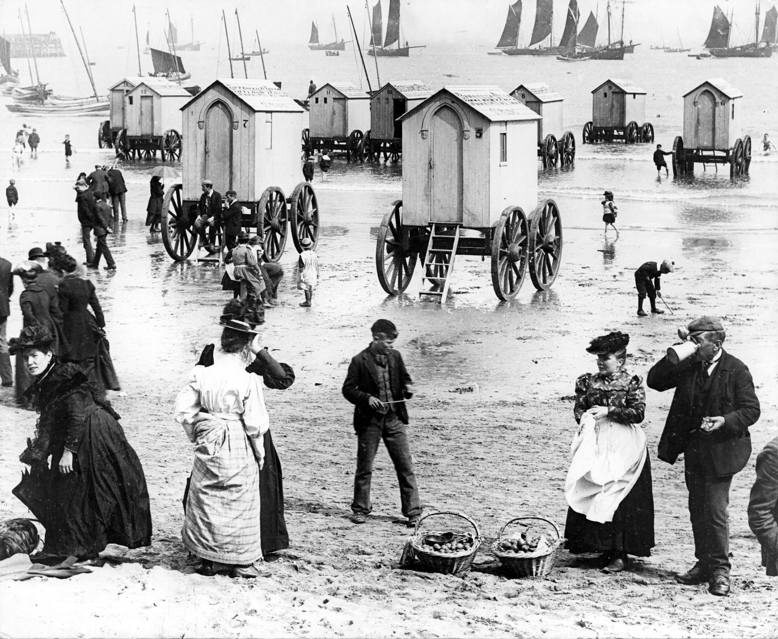 Victorian or Edwardian bathing machines at Scarborough.