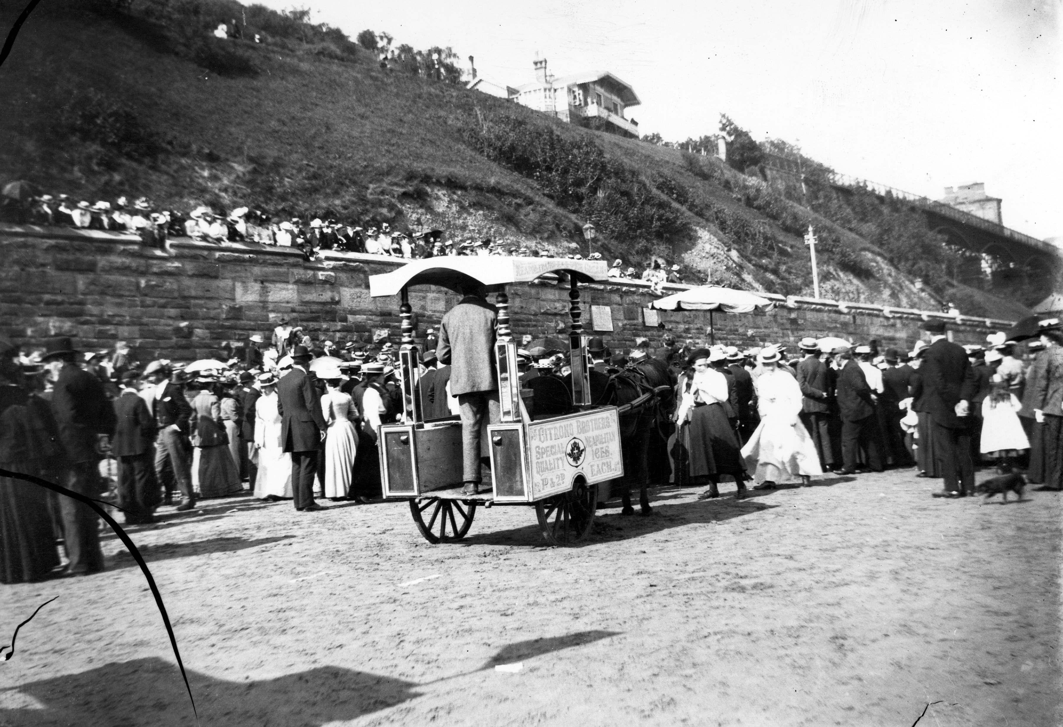 The Citrono Brothers Neapolitan ice cream cart in Scarborough, from the Edwardian period. Ices were one penny or two pennies each.