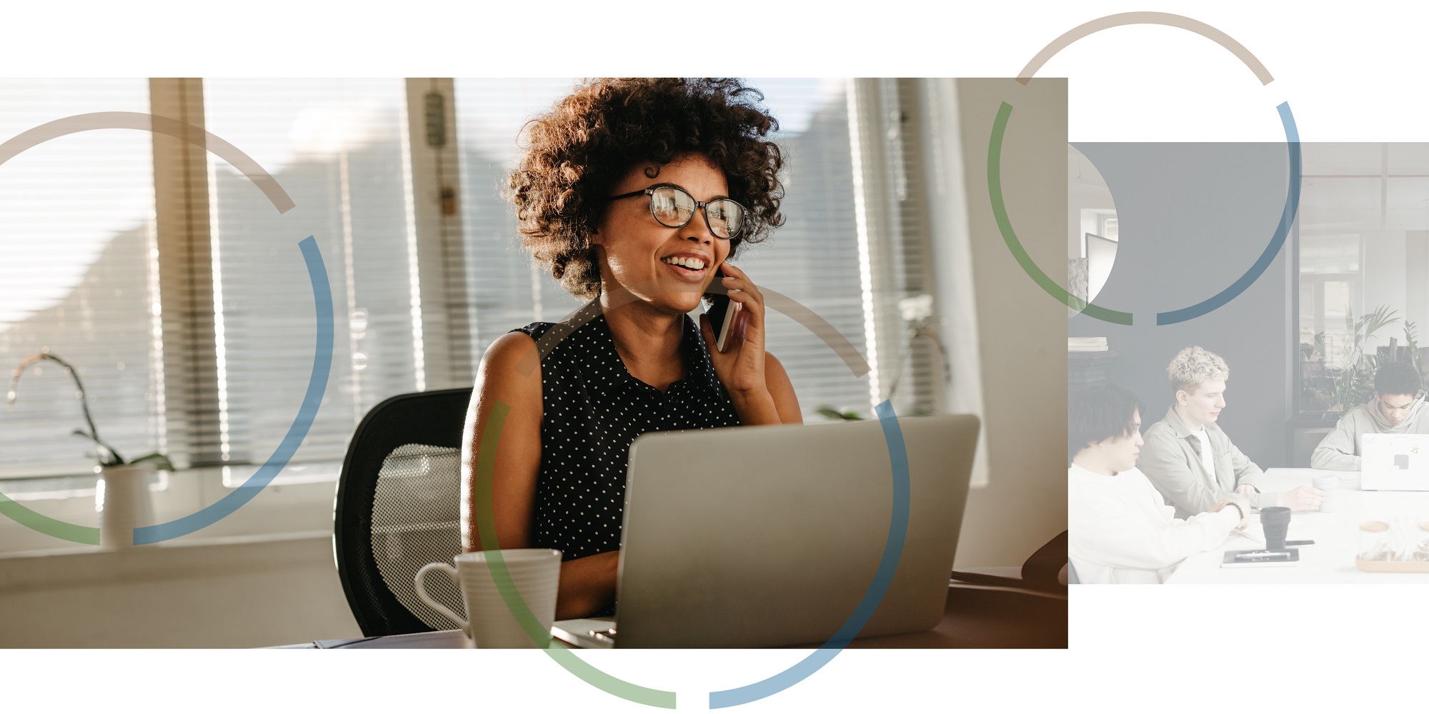 Woman talking on the phone with a laptop in front of her on the left. Colleagues in a meeting on the right.