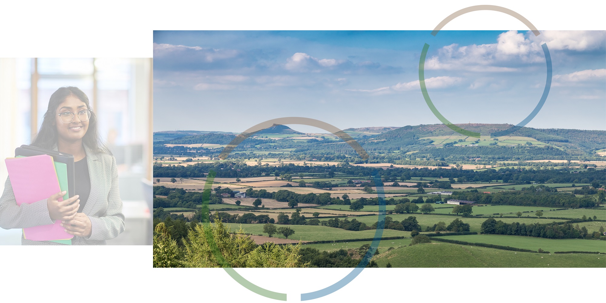 Woman holding files on the left. Views of North Yorkshire on the right.