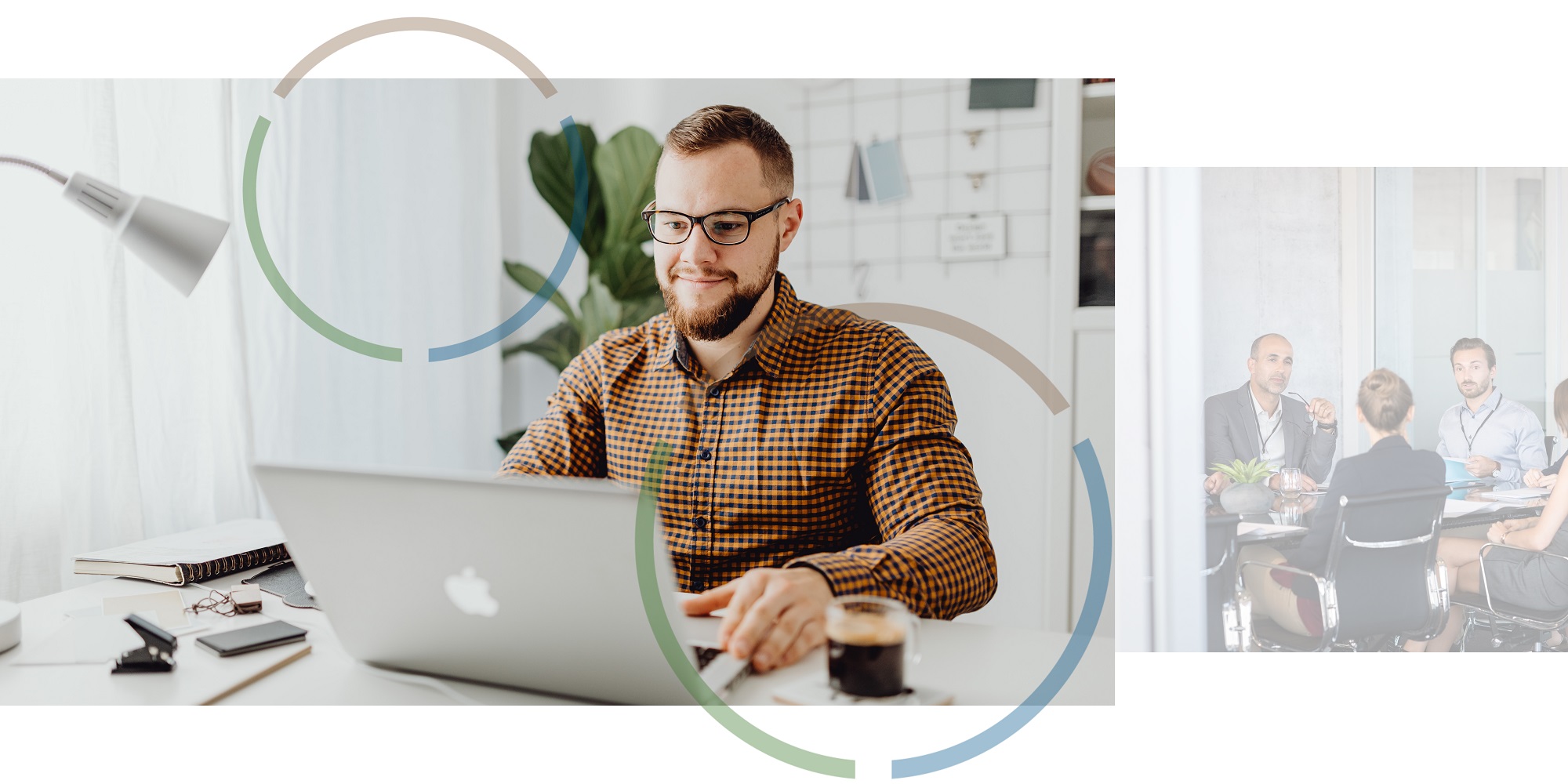 Man working on a laptop on the left. Team of 4 people in a meeting on the right.