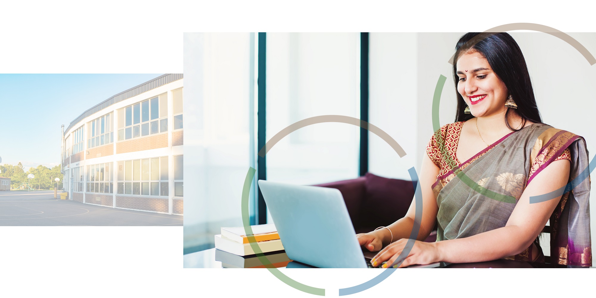 Office building on the left. Woman smiling and working on a laptop on the right