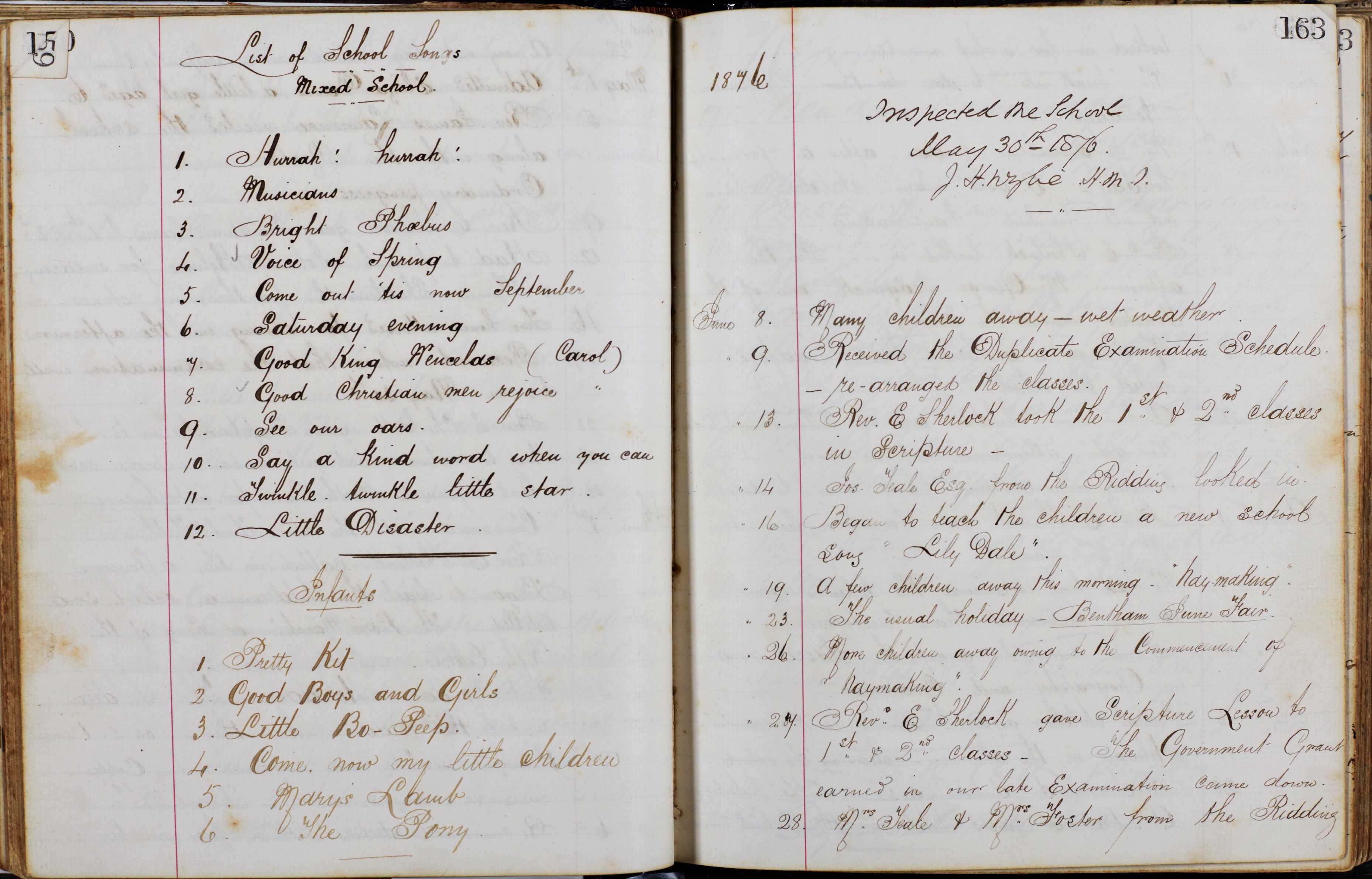 Pages from Bentham Parochial School logbook, showing a list of school songs for September, and mentioning pupil absences due to haymaking.
