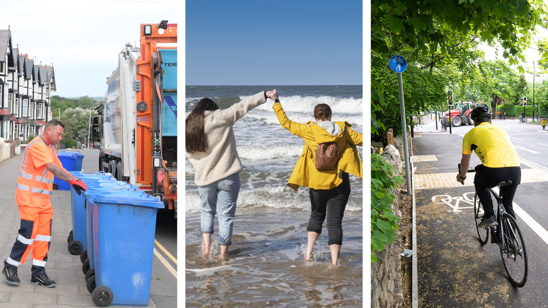 Bin collectors, people in the sea and person in a bike