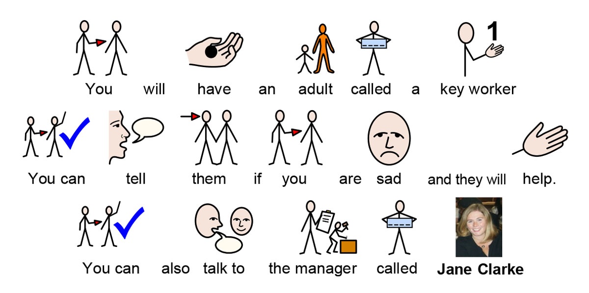 You will have an adult called a keyworker. You can tell them if you are sad and they will help. You can also talk to the manager called Jane Clarke.