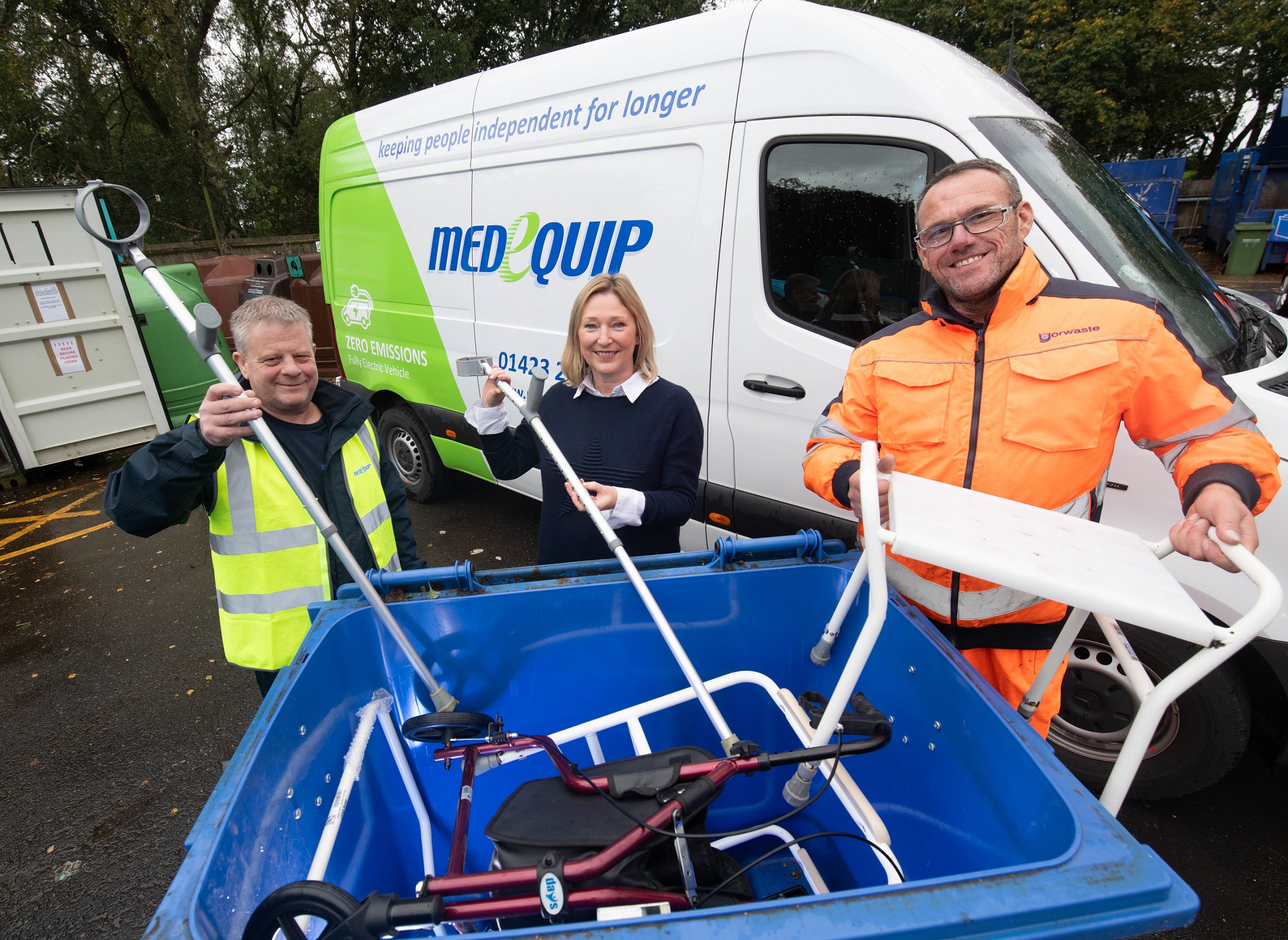 Daren Richardson from Medequip, Jenny Lowes, service improvement manager at North Yorkshire Council, and Steve Midgley from Yorwaste, recycling unwanted medical equipment at Northallerton HWRC. 