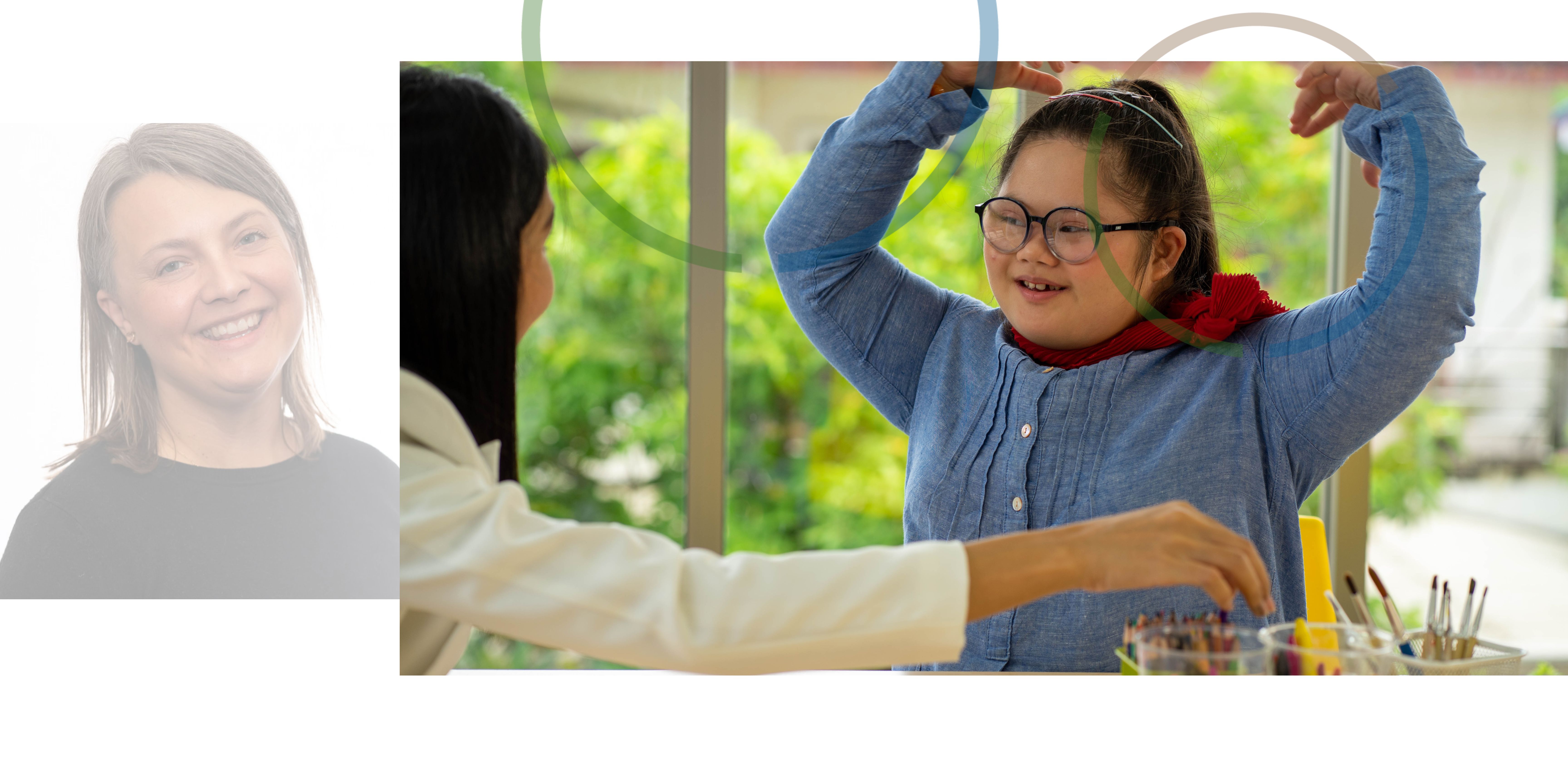 A portrait of a member of the educational psychologist team next to a picture of a girl talking to a teacher with her arms above her head.