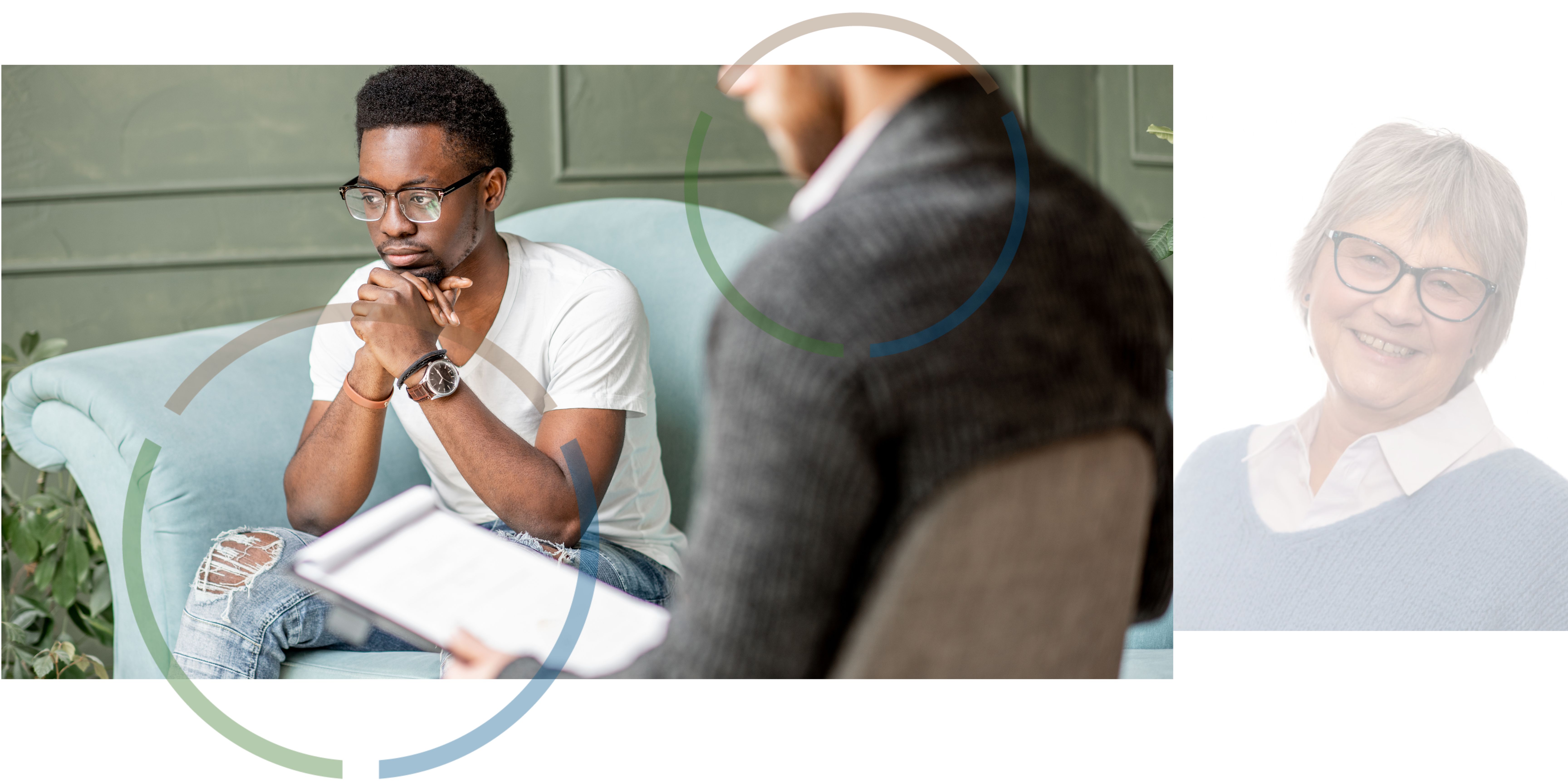 An image of a young man talking to a therapist with a clipboard next to a portrait of a member of the educational psychology team.