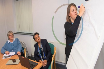 Three educational psychologists having a meeting and making notes on a board.